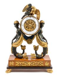 An Austrian Carved and Parcel Gilt Empire Mantel Clock Height 22 x width 15 1/4 inches. — JOSEF STRAUB, VIENNA, EARLY 19TH CENTURY