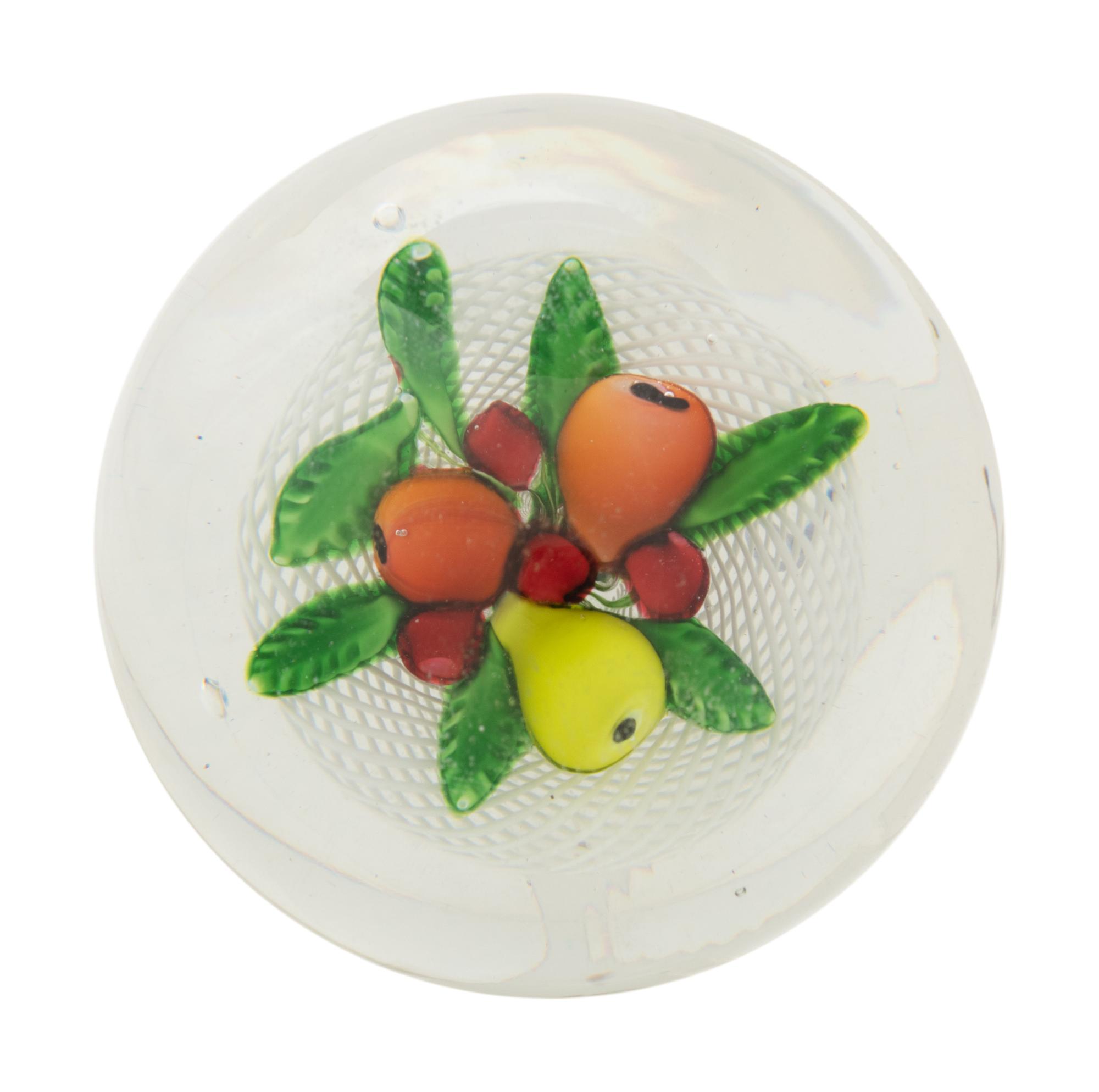 A Saint Louis Fruit Over Latticino Basket Glass Paperweight