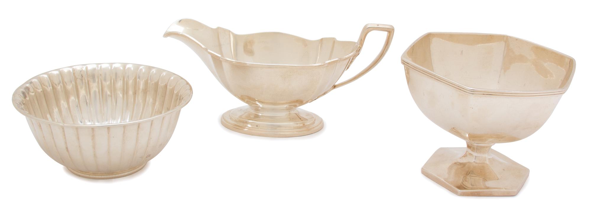 Three American Silver Articles, Various Makers, comprising a Gorham sauce boat and fluted bowl (dedicated on base), and a J.E. Caldwell