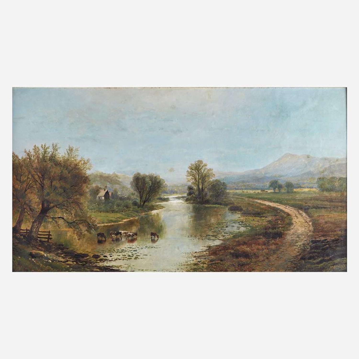 Edmund Darch Lewis (American, 1835-1910) Panoramic Landscape with Farms, River, Cows and Mountains