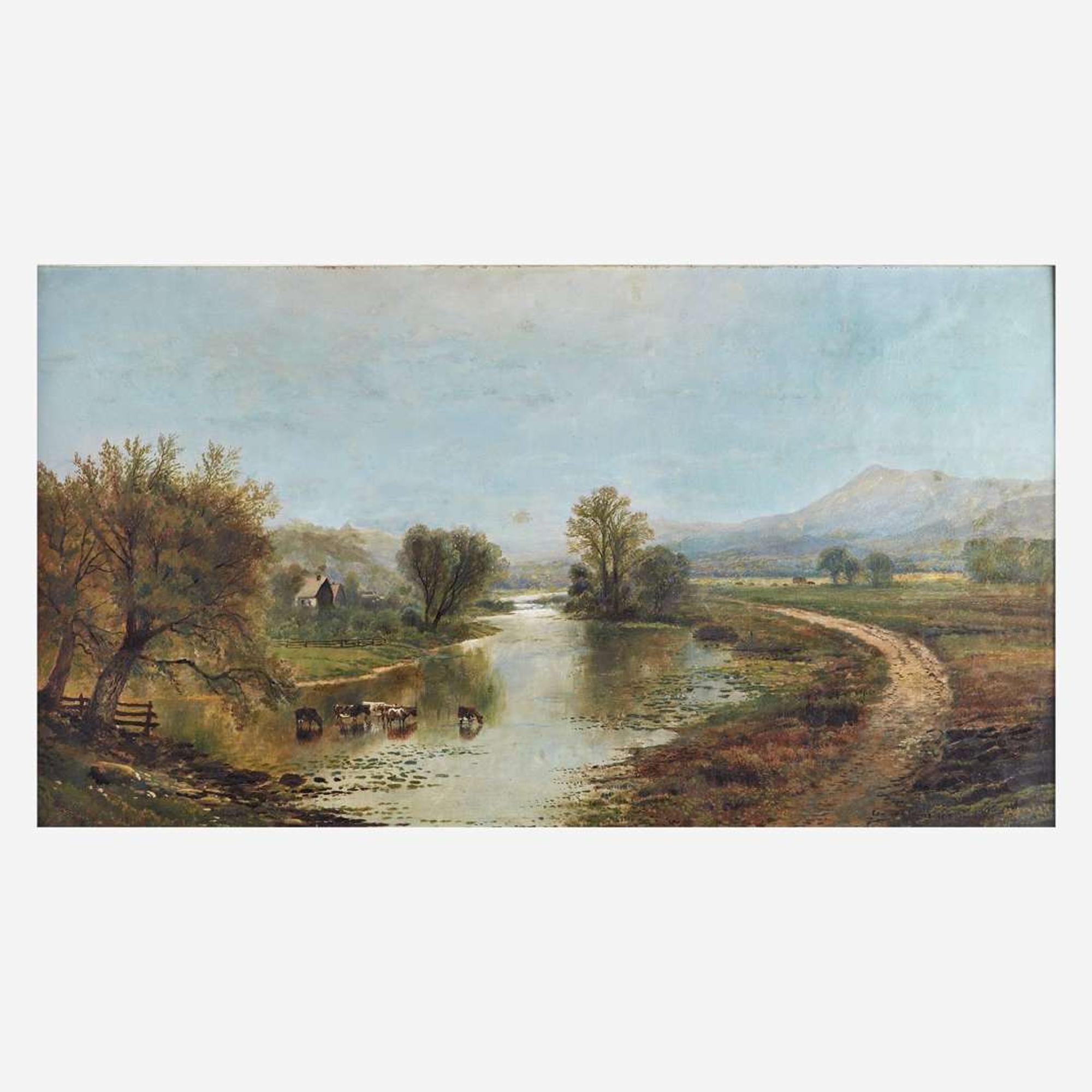 Edmund Darch Lewis (American, 1835-1910) Panoramic Landscape with Farms, River, Cows and Mountains