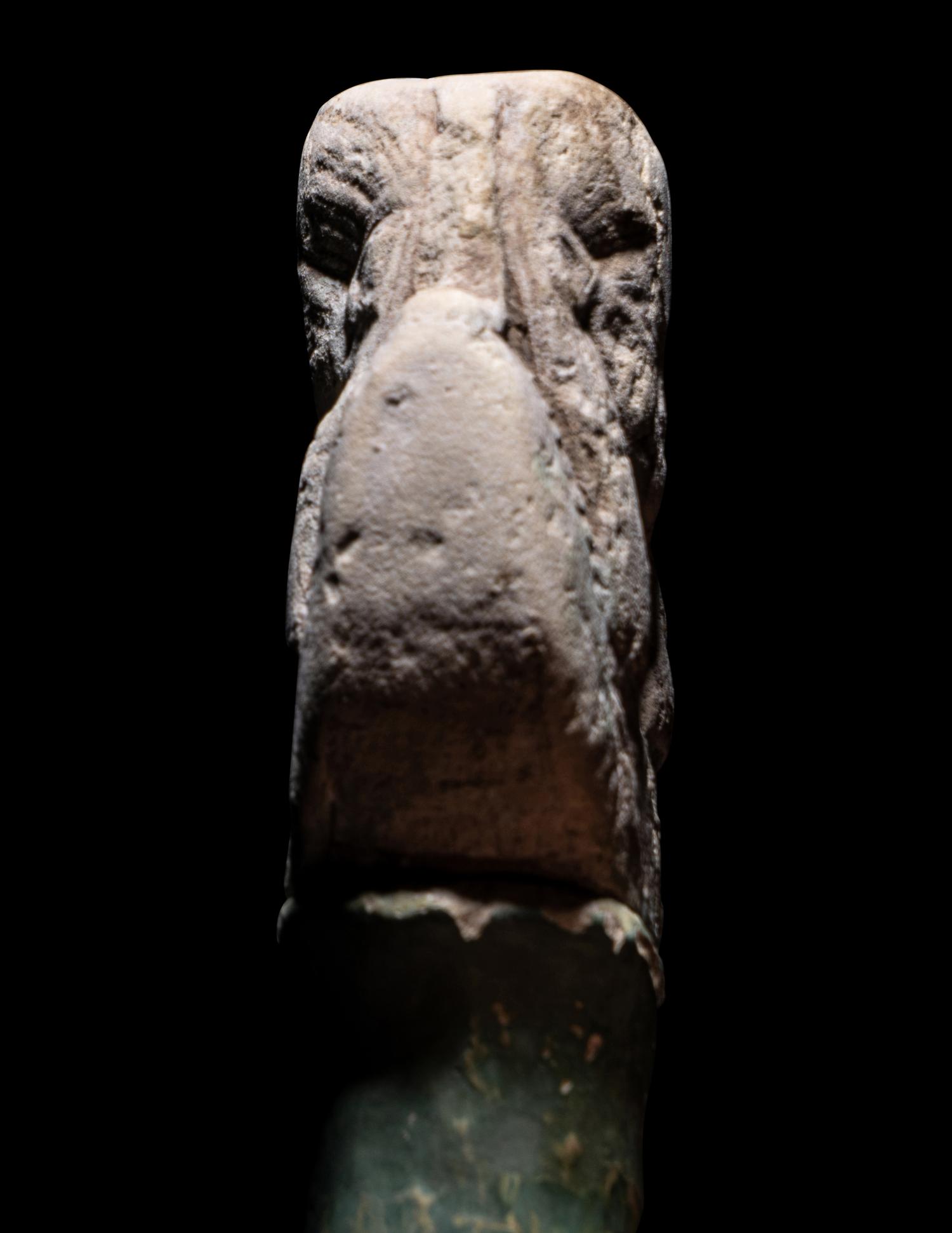 An Egyptian Faience Sistrum Handle with Hathor