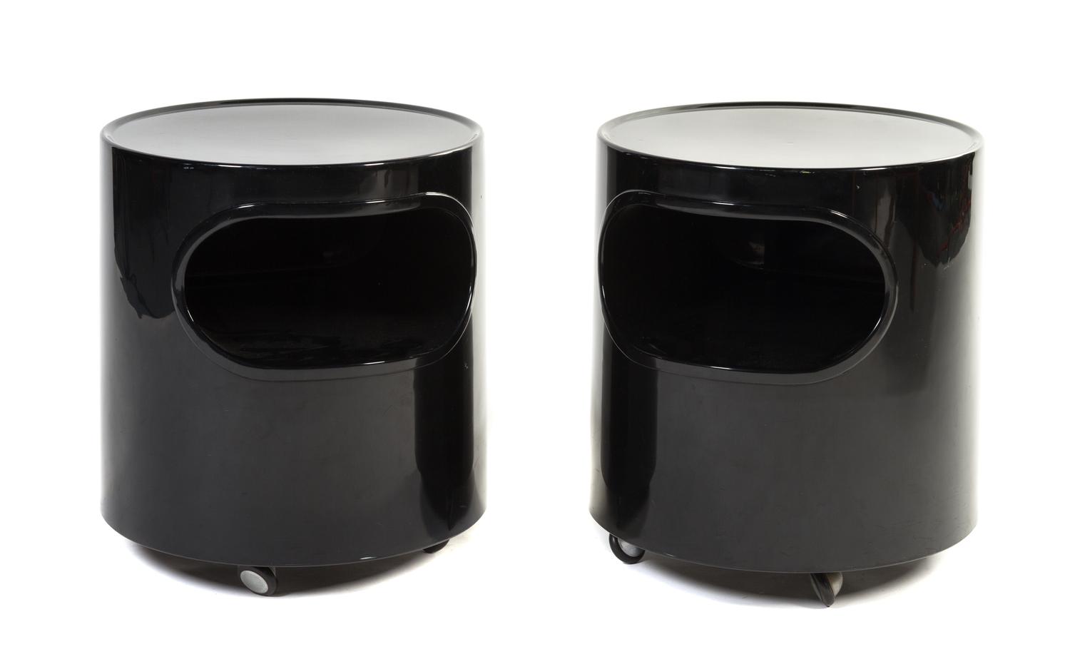A Pair of Italian Plastic Giano Side Tables, Emma Schwinberger for Artemide Height 17 x diameter of top 15 3/4 inches.