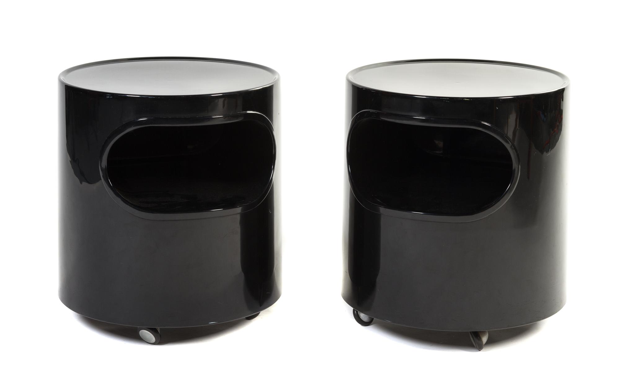 A Pair of Italian Plastic Giano Side Tables, Emma Schwinberger for Artemide Height 17 x diameter of top 15 3/4 inches.