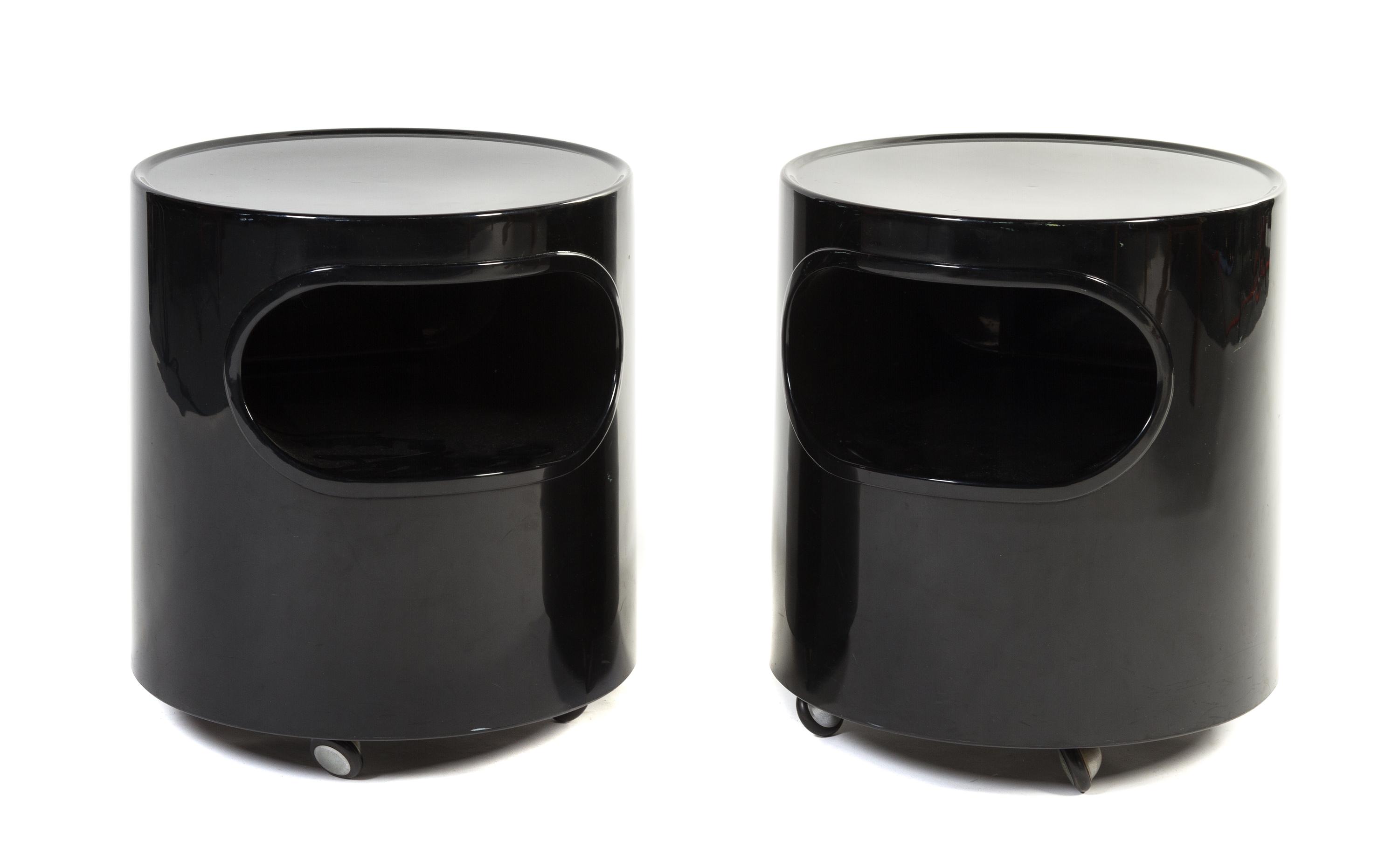 A Pair of Italian Plastic Giano Side Tables, Emma Schwinberger for Artemide Height 17 x diameter of top 15 3/4 inches.