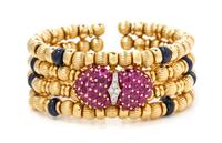 An 18 Karat Yellow Gold, Sapphire, Ruby and Diamond Cuff Bracelet, Elan, 50.35 dwts.