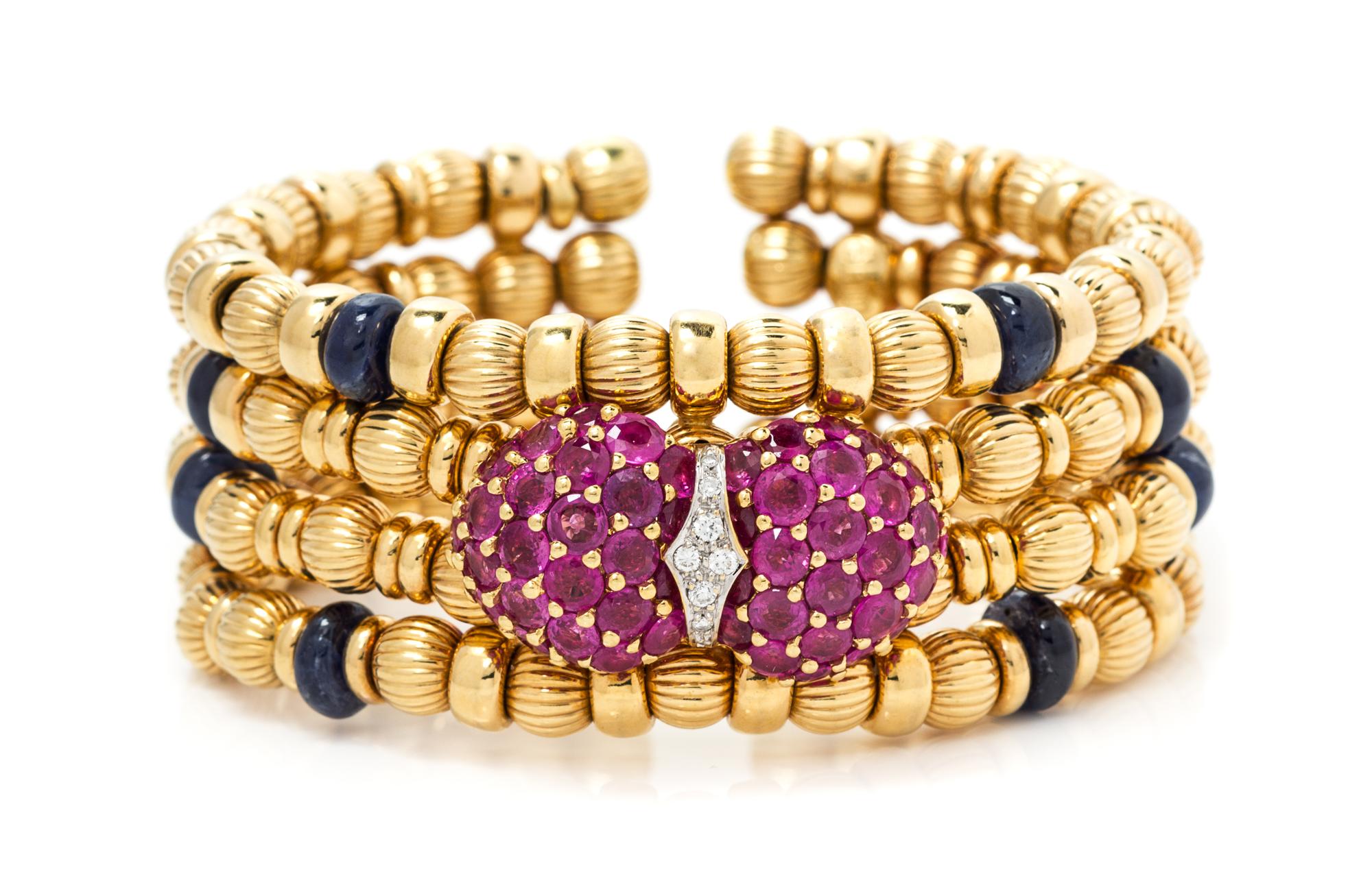 An 18 Karat Yellow Gold, Sapphire, Ruby and Diamond Cuff Bracelet, Elan, 50.35 dwts.