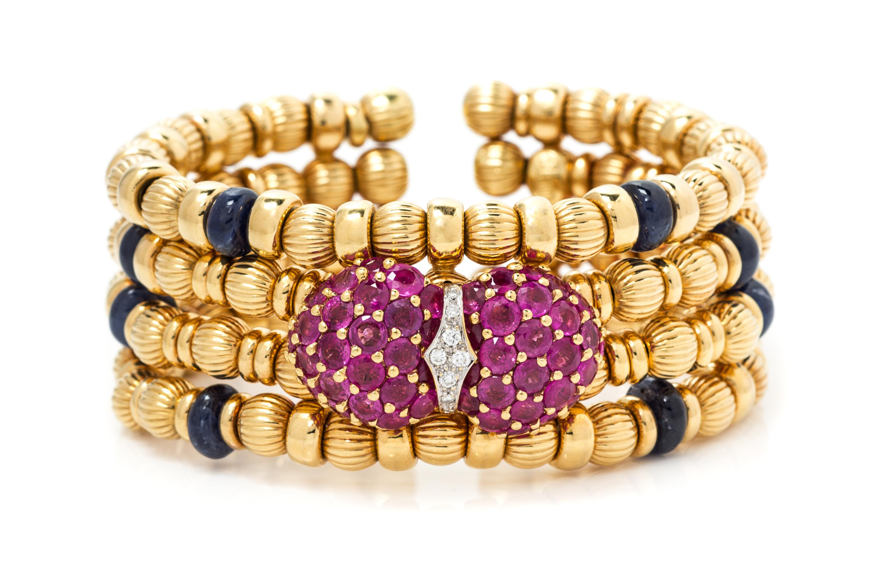 An 18 Karat Yellow Gold, Sapphire, Ruby and Diamond Cuff Bracelet, Elan, 50.35 dwts.