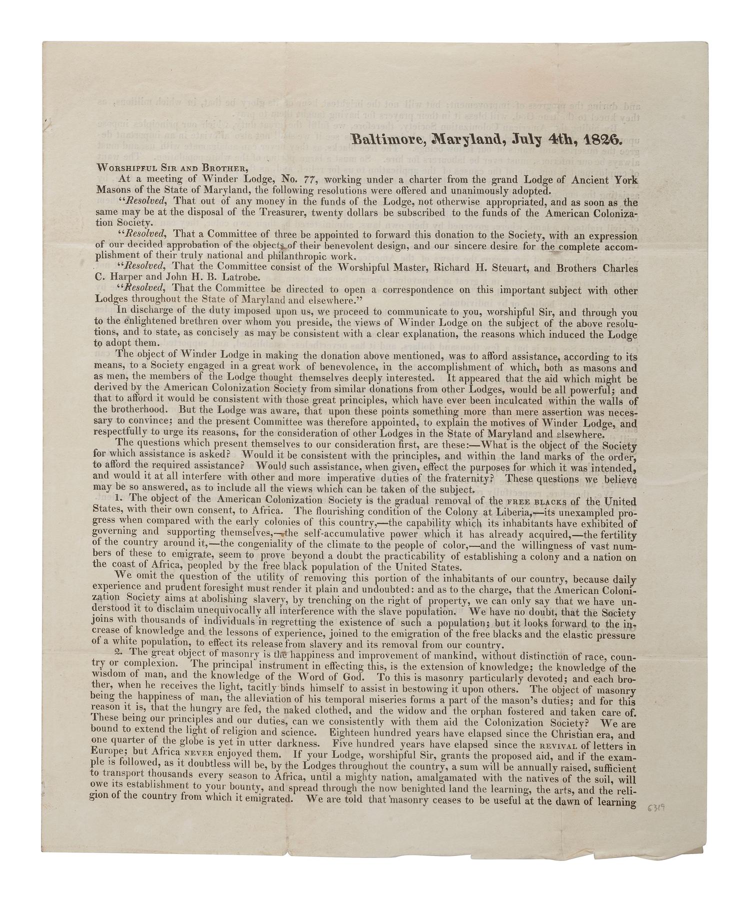 [LIBERIA]. Ancient York Masons circular suggesting donations to the American Colonization Society. Baltimore, MD, 4 July 1826. [ With :] Enclosed manuscript note suggesting a donation of ten dollars.