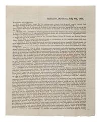 [LIBERIA]. Ancient York Masons circular suggesting donations to the American Colonization Society. Baltimore, MD, 4 July 1826. [ With :] Enclosed manuscript note suggesting a donation of ten dollars.