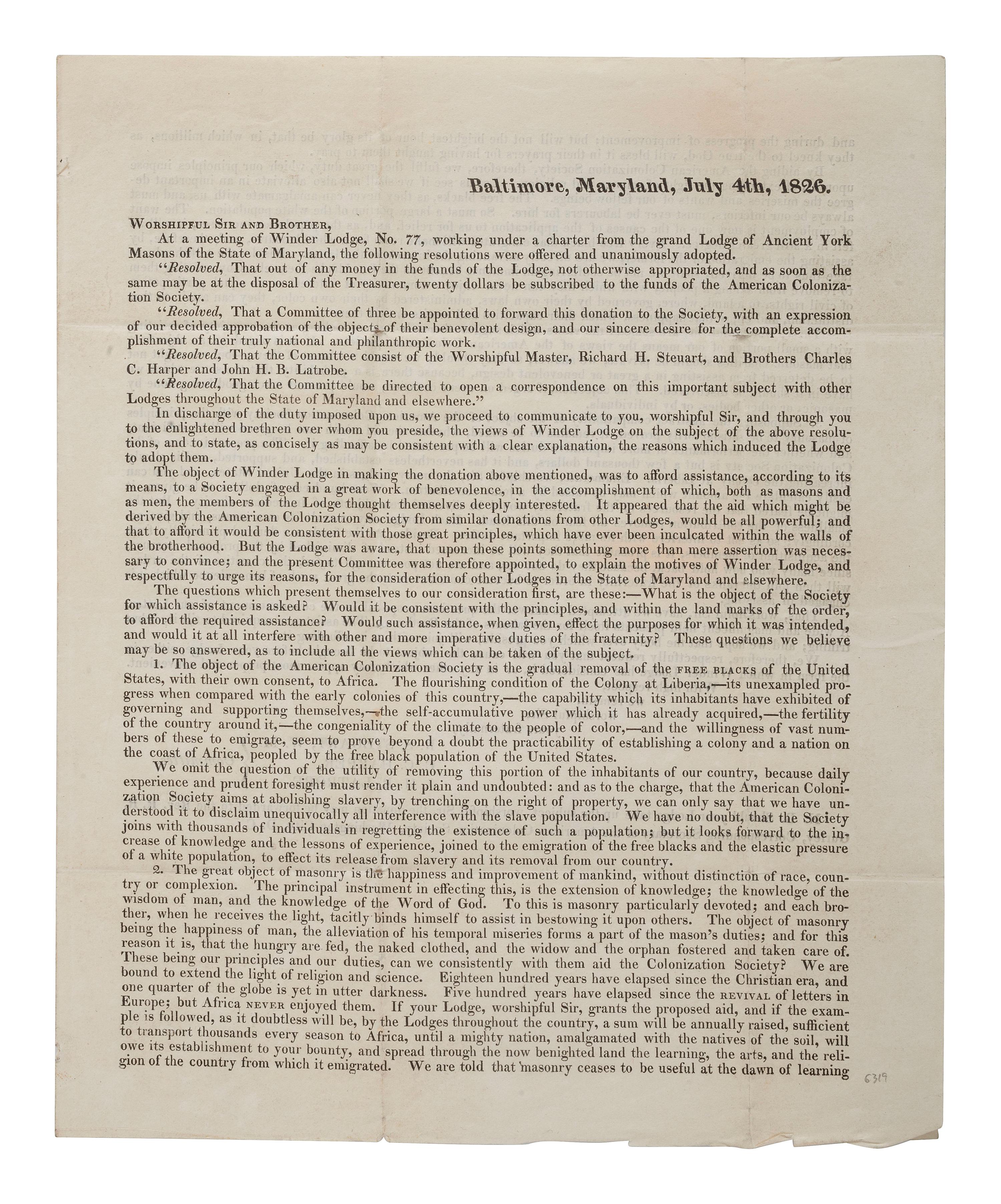[LIBERIA]. Ancient York Masons circular suggesting donations to the American Colonization Society. Baltimore, MD, 4 July 1826. [ With :] Enclosed manuscript note suggesting a donation of ten dollars.