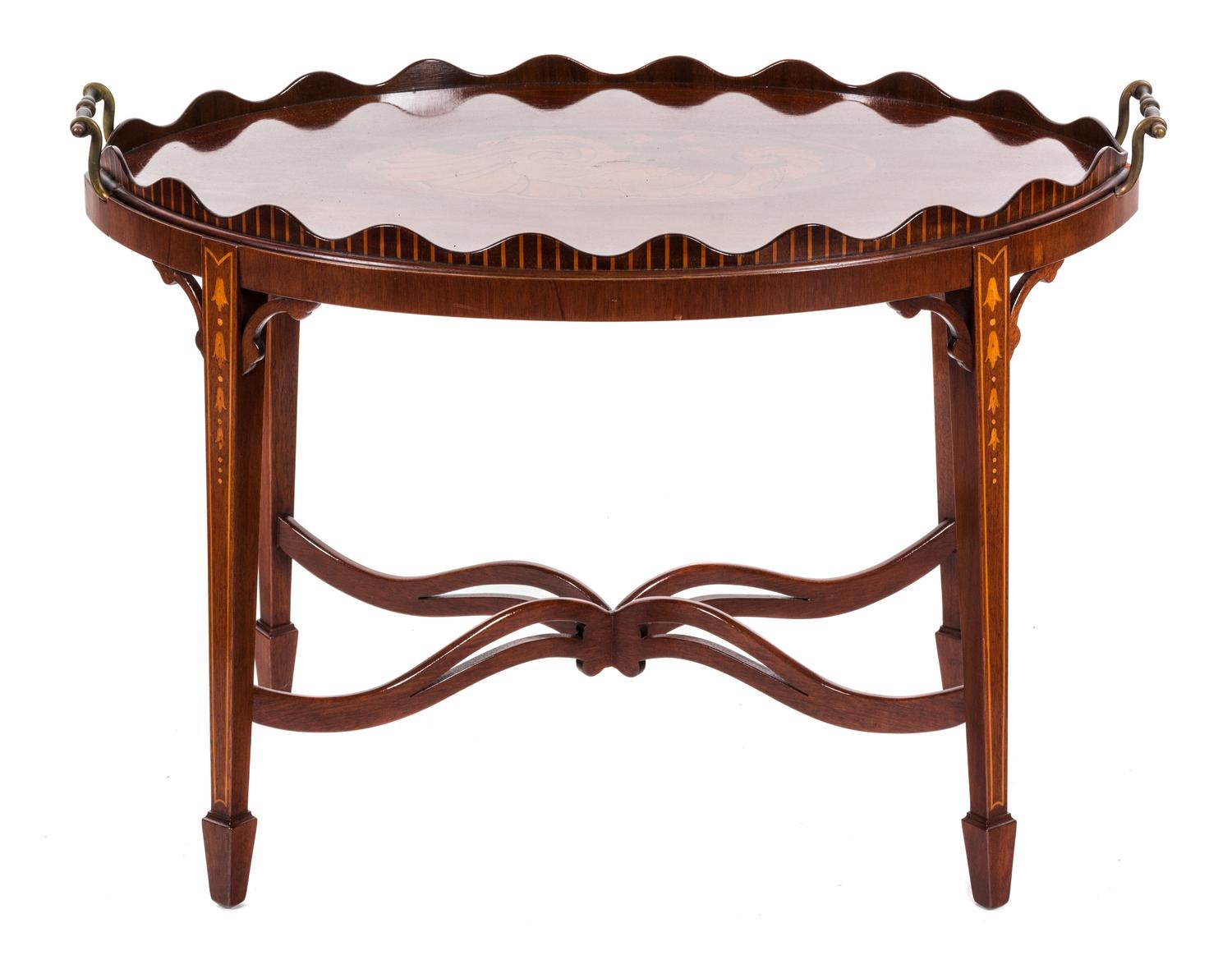 A George III Style Inlaid Mahogany Tray-on-Stand Height 19 x width 28 x depth 16 inches. — LATE 19TH/EARLY 20TH CENTURY