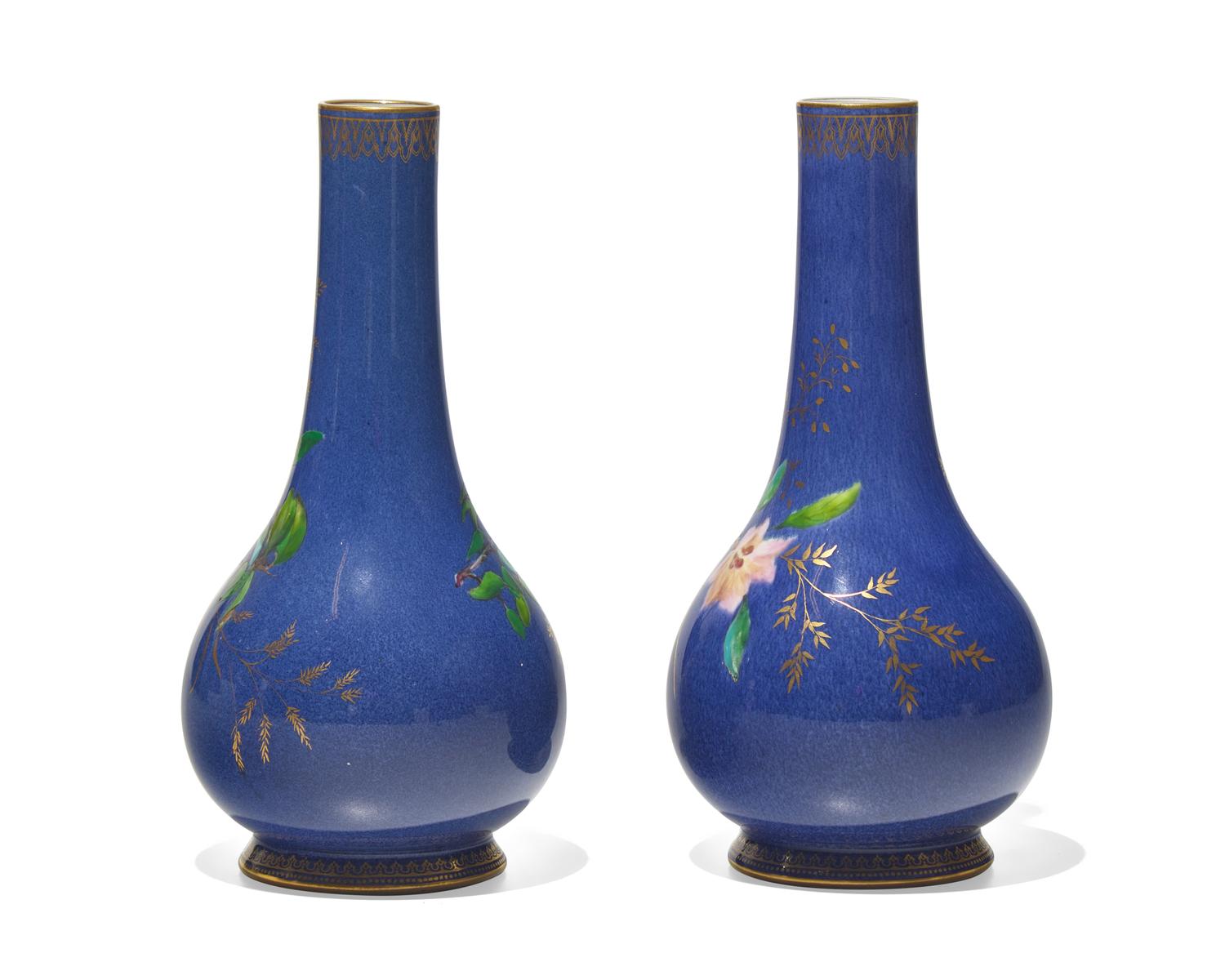 A Pair of Wedgwood Blue Lustre and Parcel-Gilt Bottle Vases