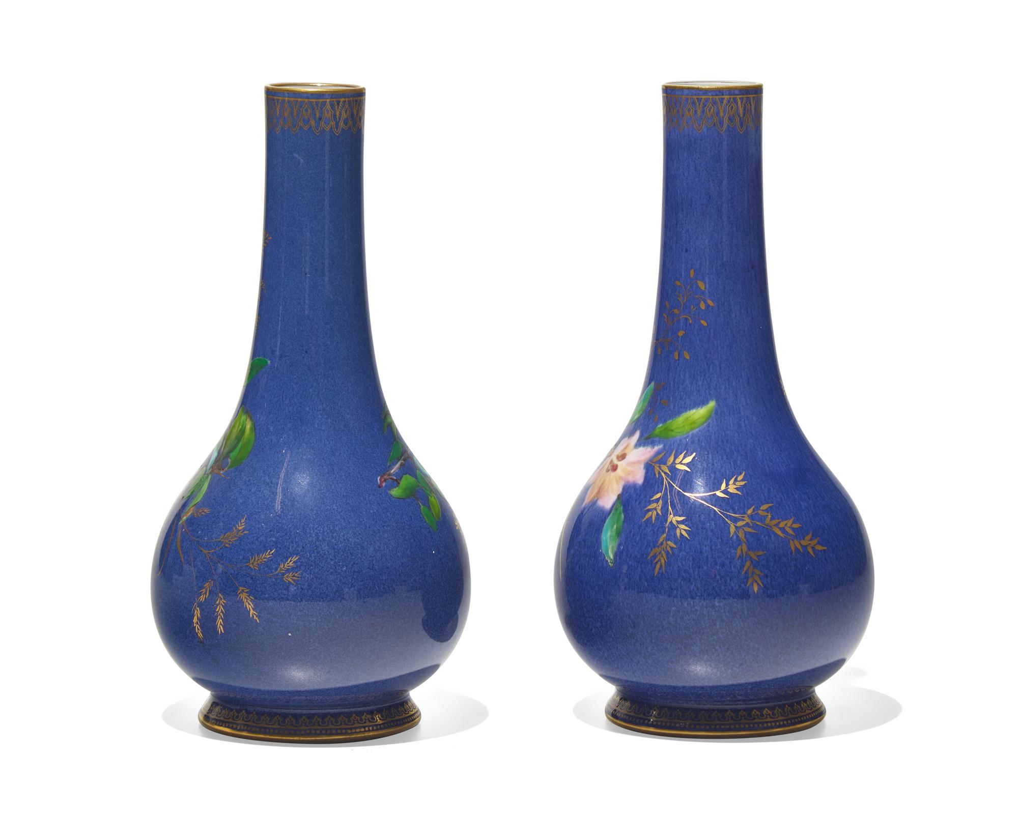 A Pair of Wedgwood Blue Lustre and Parcel-Gilt Bottle Vases