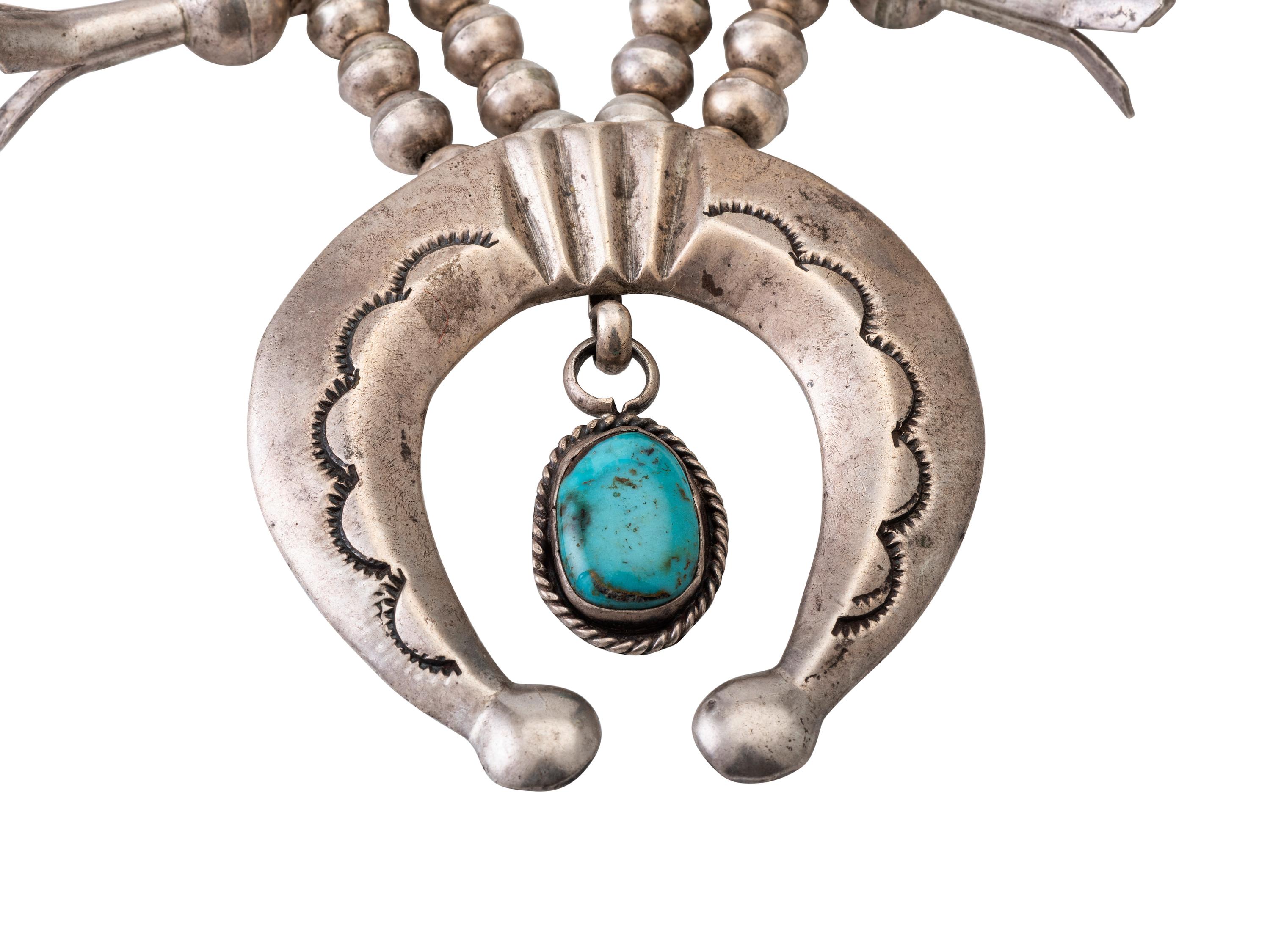 Navajo Silver and Turquoise Squash Blossom Necklace