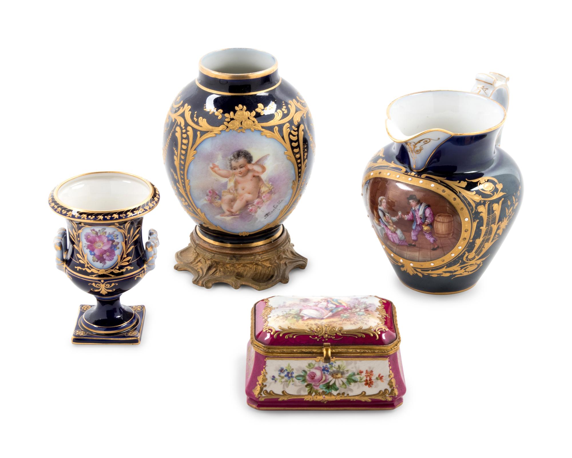 Three Sèvres Style Painted and Parcel Gilt Porcelain Articles