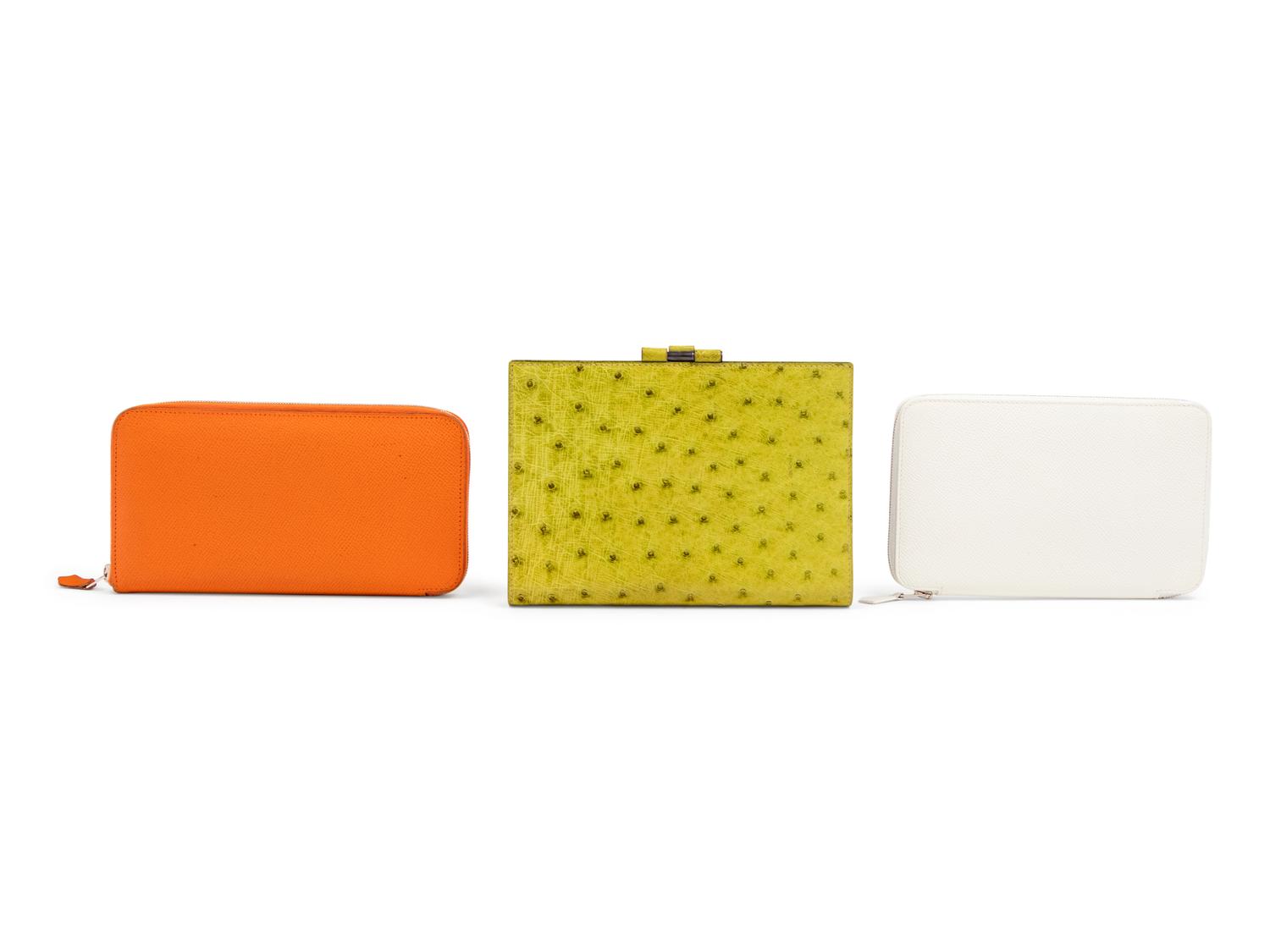 Three Hermès Items: One Ostrich Folio and Two Leather Zip Wallets, 2000-2008