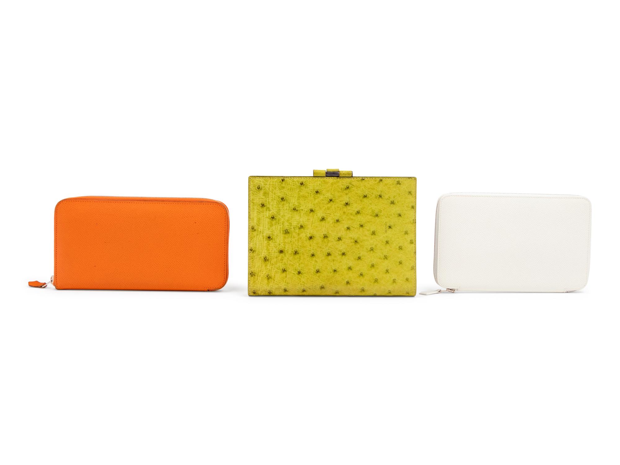 Three Hermès Items: One Ostrich Folio and Two Leather Zip Wallets, 2000-2008
