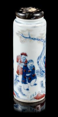 A Large Blue and White and Underglaze Red Porcelain Snuff Bottle Height 4 inches. — DAOGUANG PERIOD (1821-1850)
