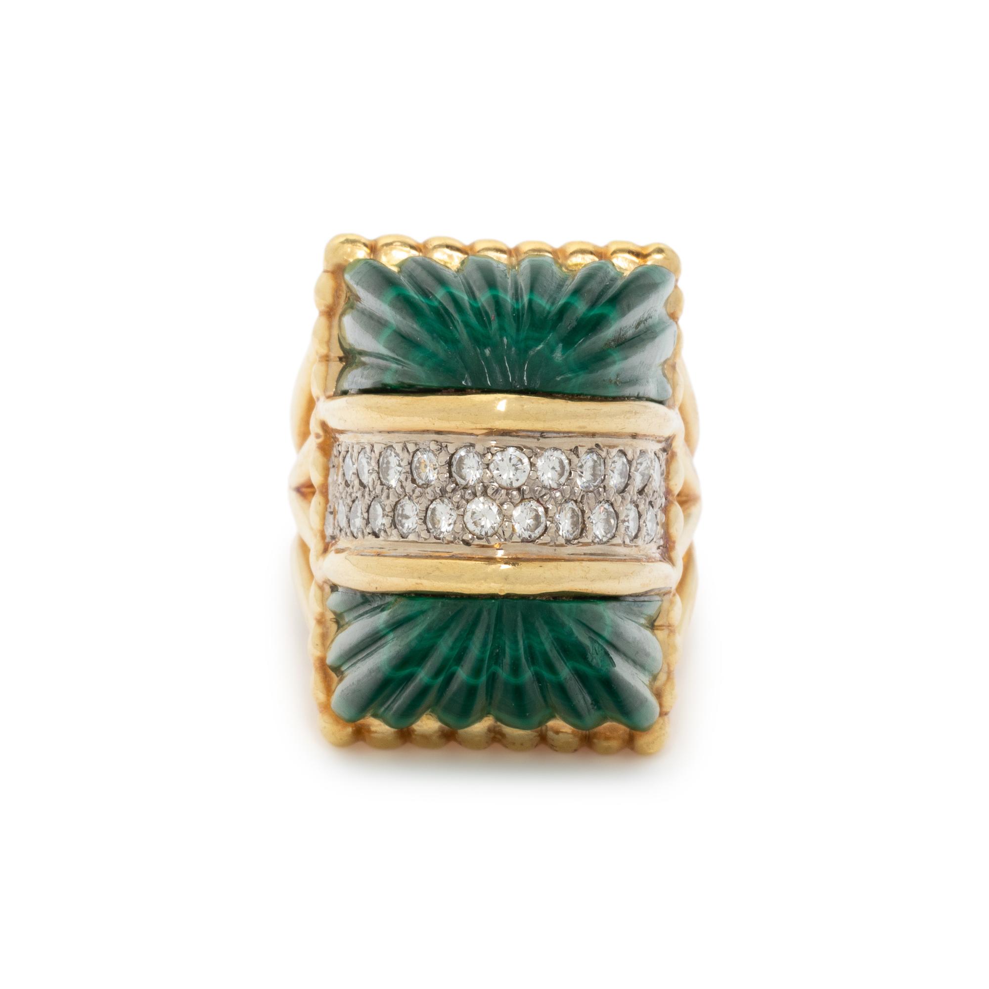 R. STONE, YELLOW GOLD, DIAMOND AND MALACHITE RING