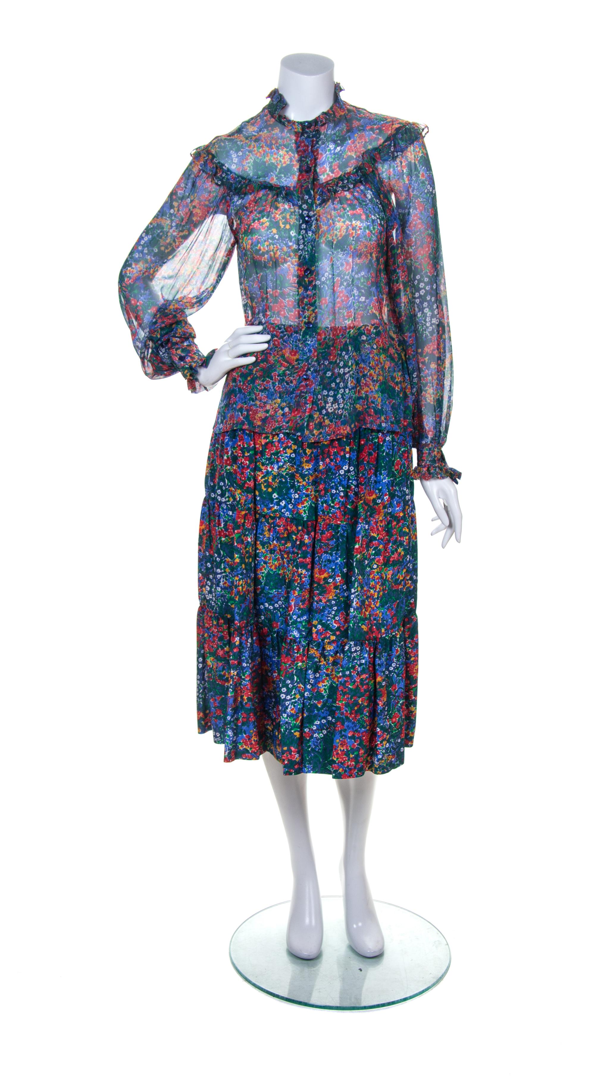 A Michele Valery Multicolor Silk Floral Skirt Ensemble, Skirt size 40.
