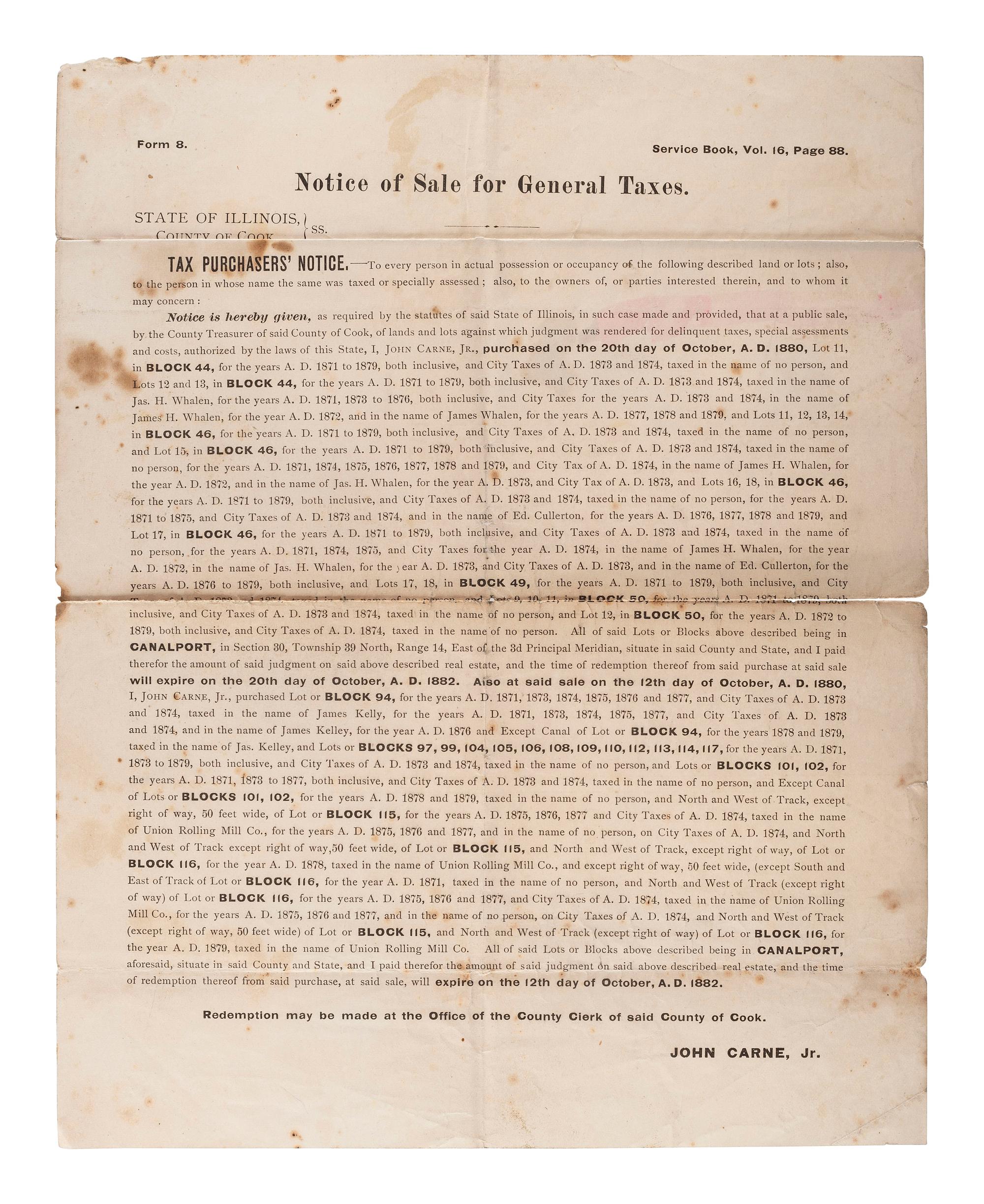 [ILLINOIS]. A group of 3 large nineteenth-century land and estate sale broadsides, comprising: