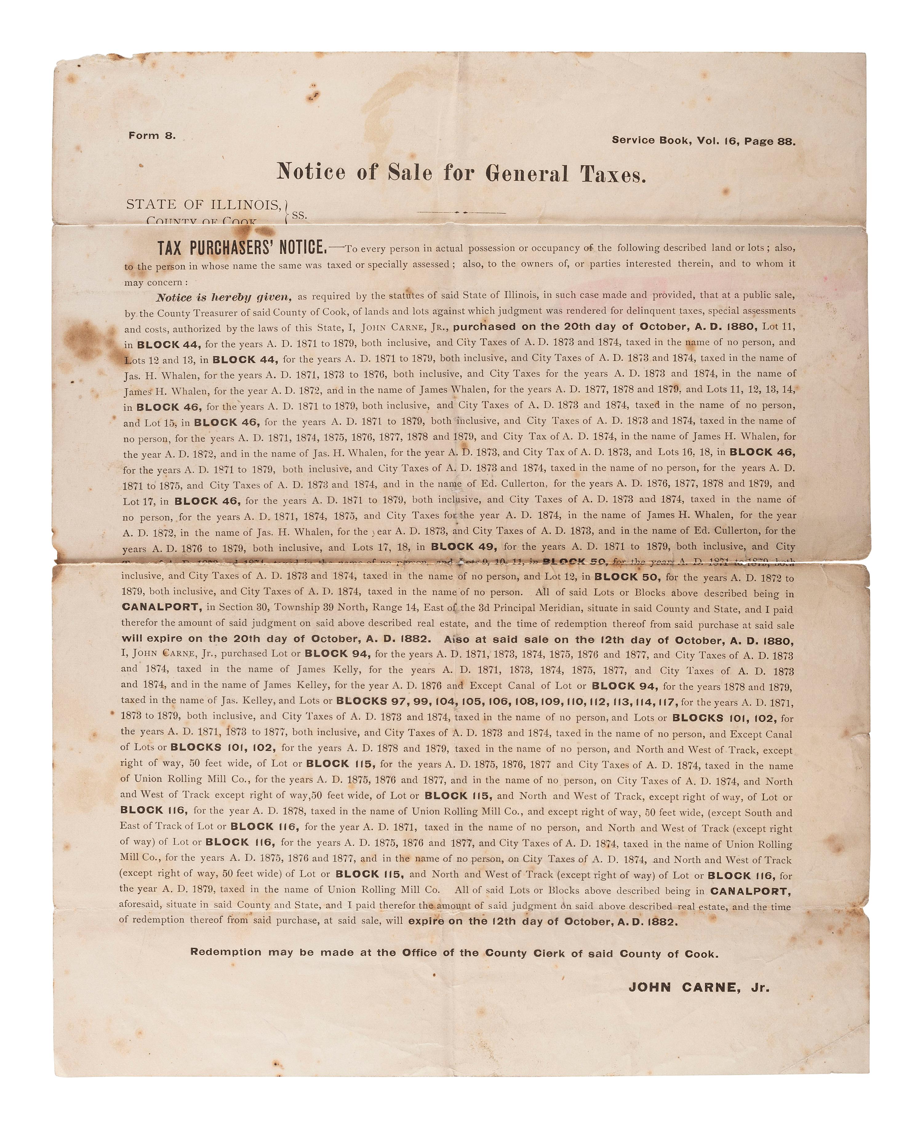[ILLINOIS]. A group of 3 large nineteenth-century land and estate sale broadsides, comprising: