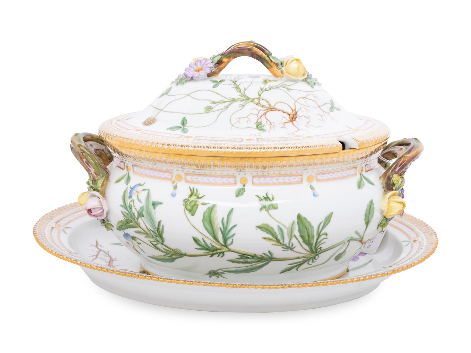 A Royal Copenhagen Flora Danica Porcelain Covered Tureen and Platter