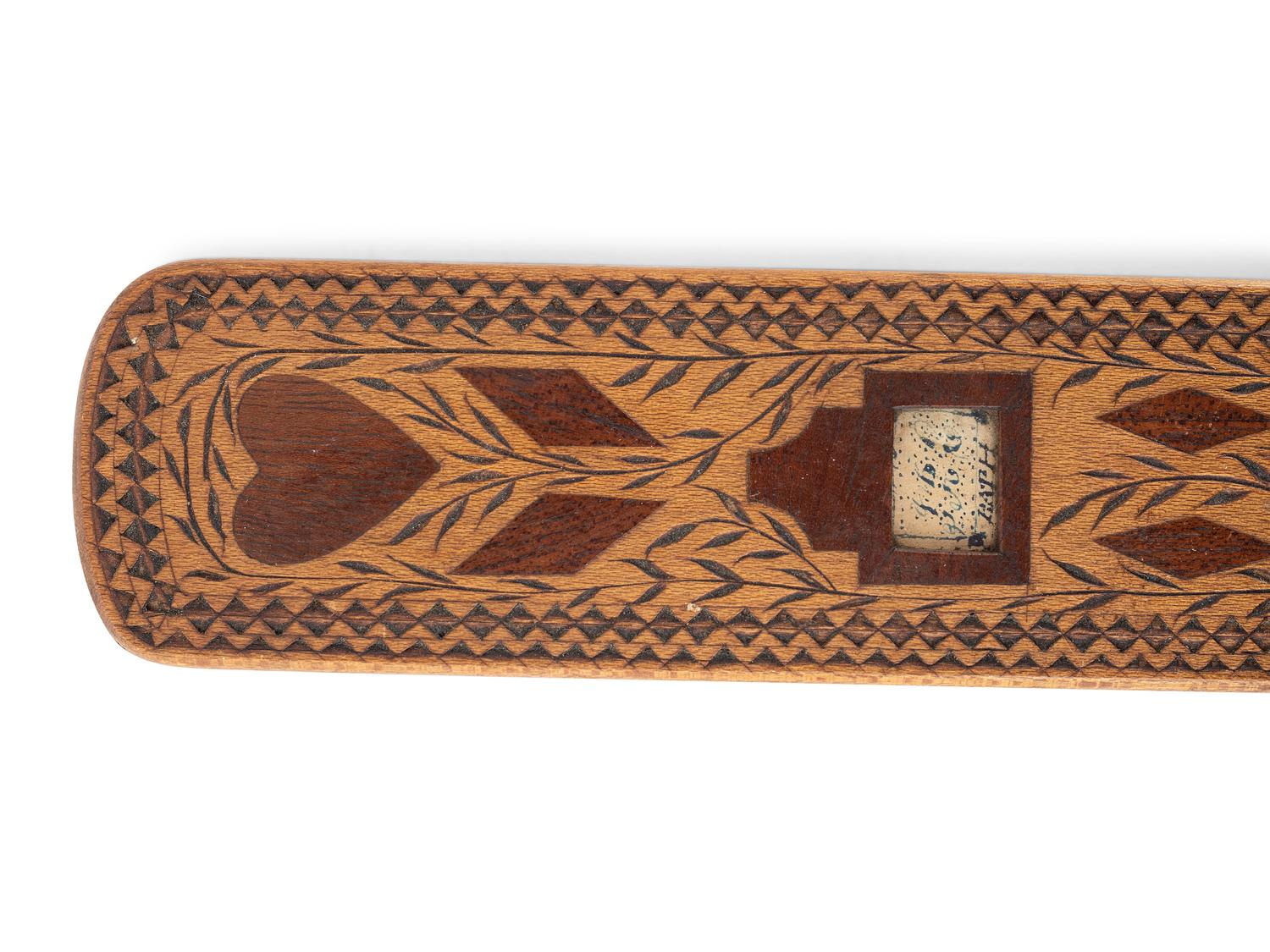 An Inlaid Wood Corset Busk with Initials