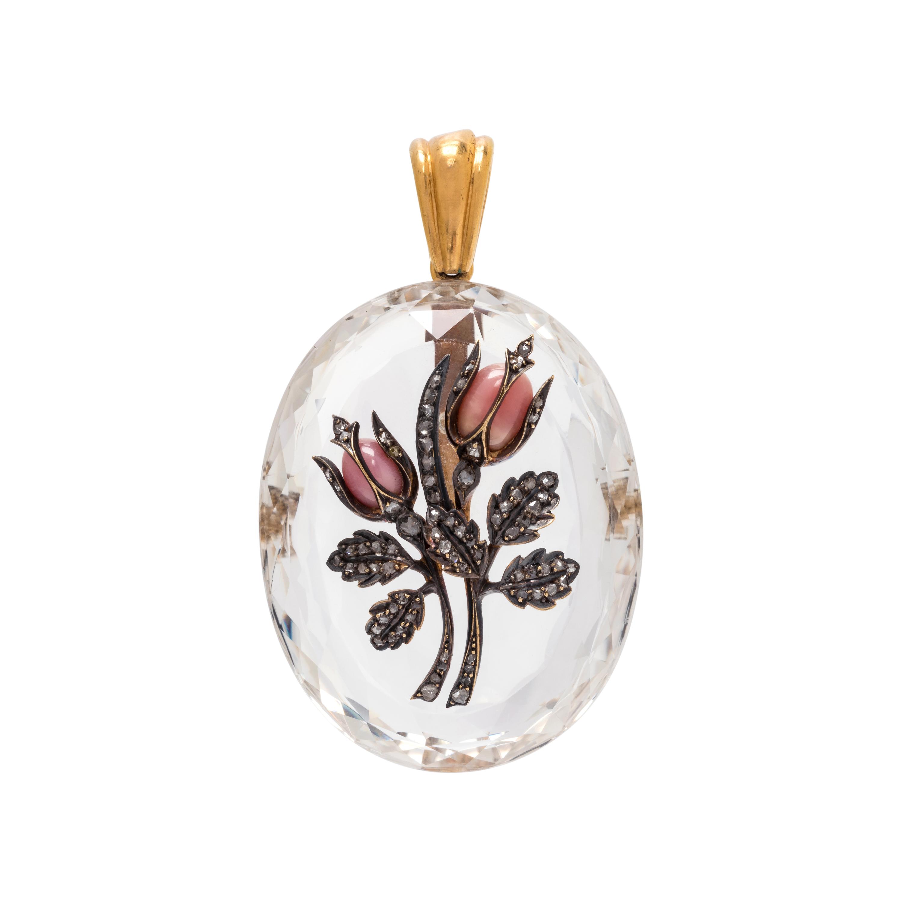 ANTIQUE, ROCK CRYSTAL, CONCH PEARL AND DIAMOND PENDANT
