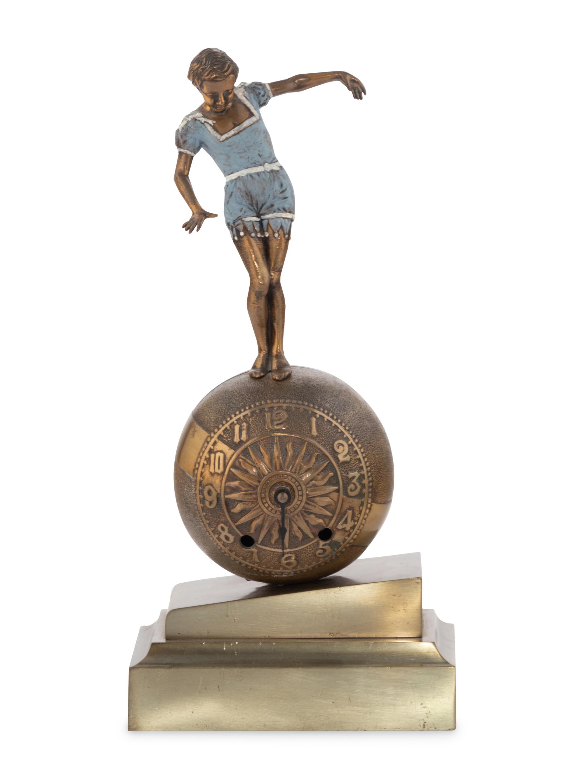 A Continental Cold-Painted Bronze Figural Mantel Clock