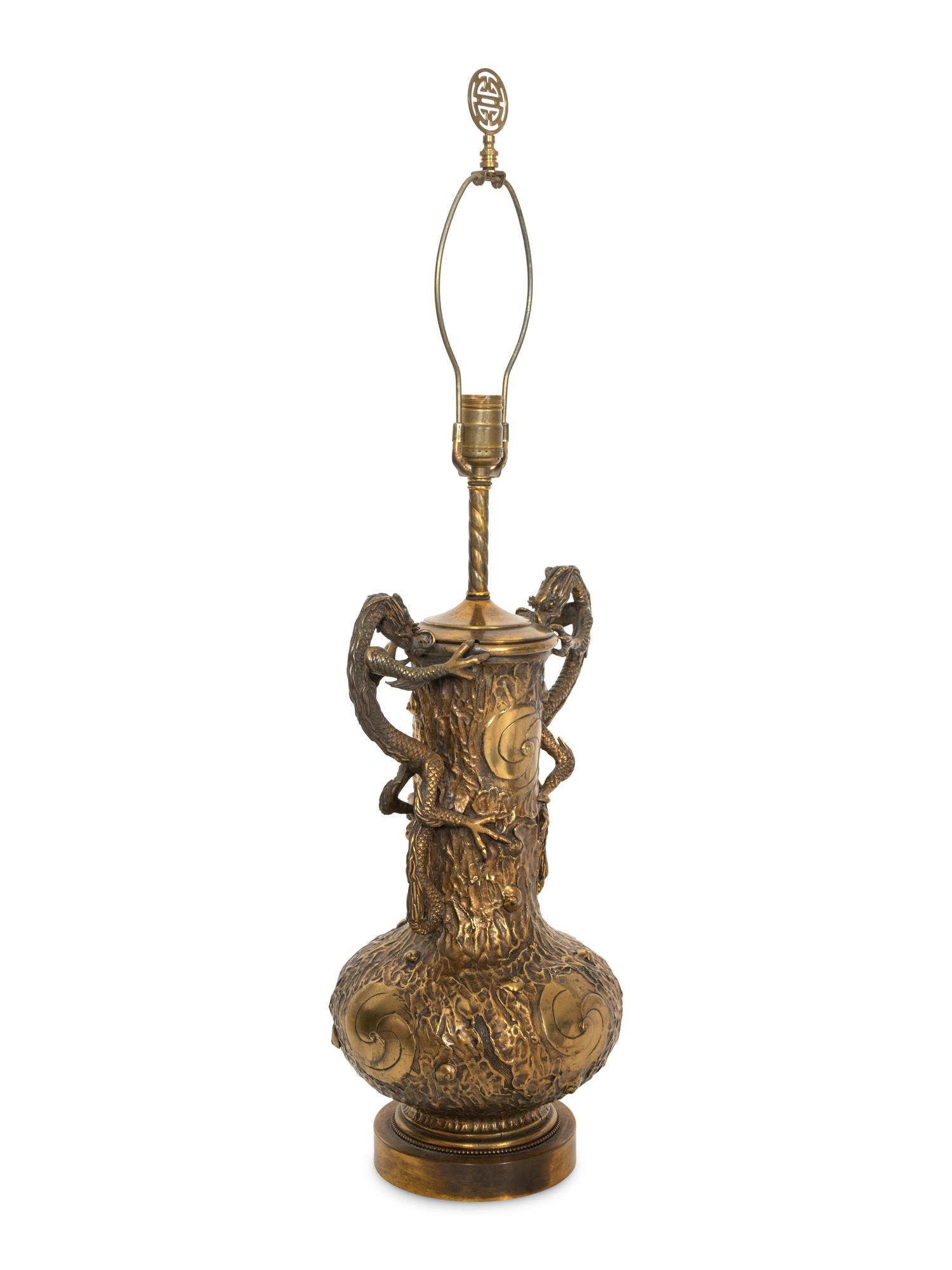 A Chinese Gilt Bronze Dragon Urn Lamp