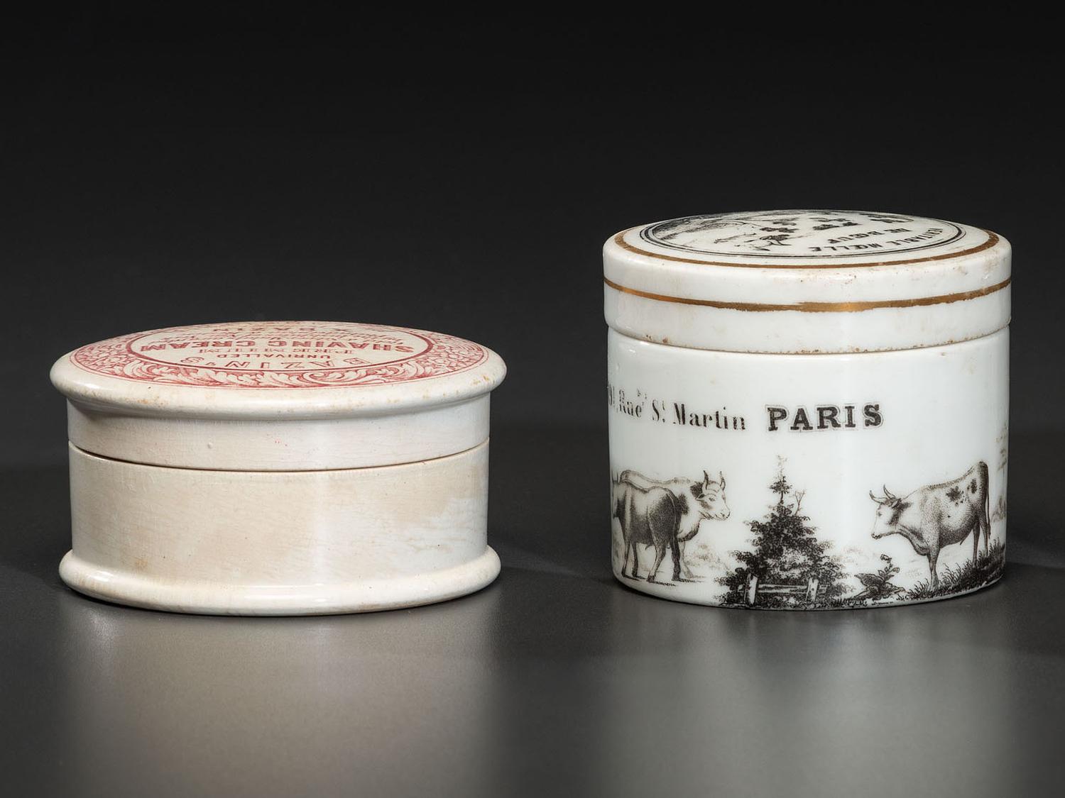 Two Transfer Printed Porcelain Advertising Pot Lids and Bases