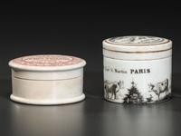 Two Transfer Printed Porcelain Advertising Pot Lids and Bases