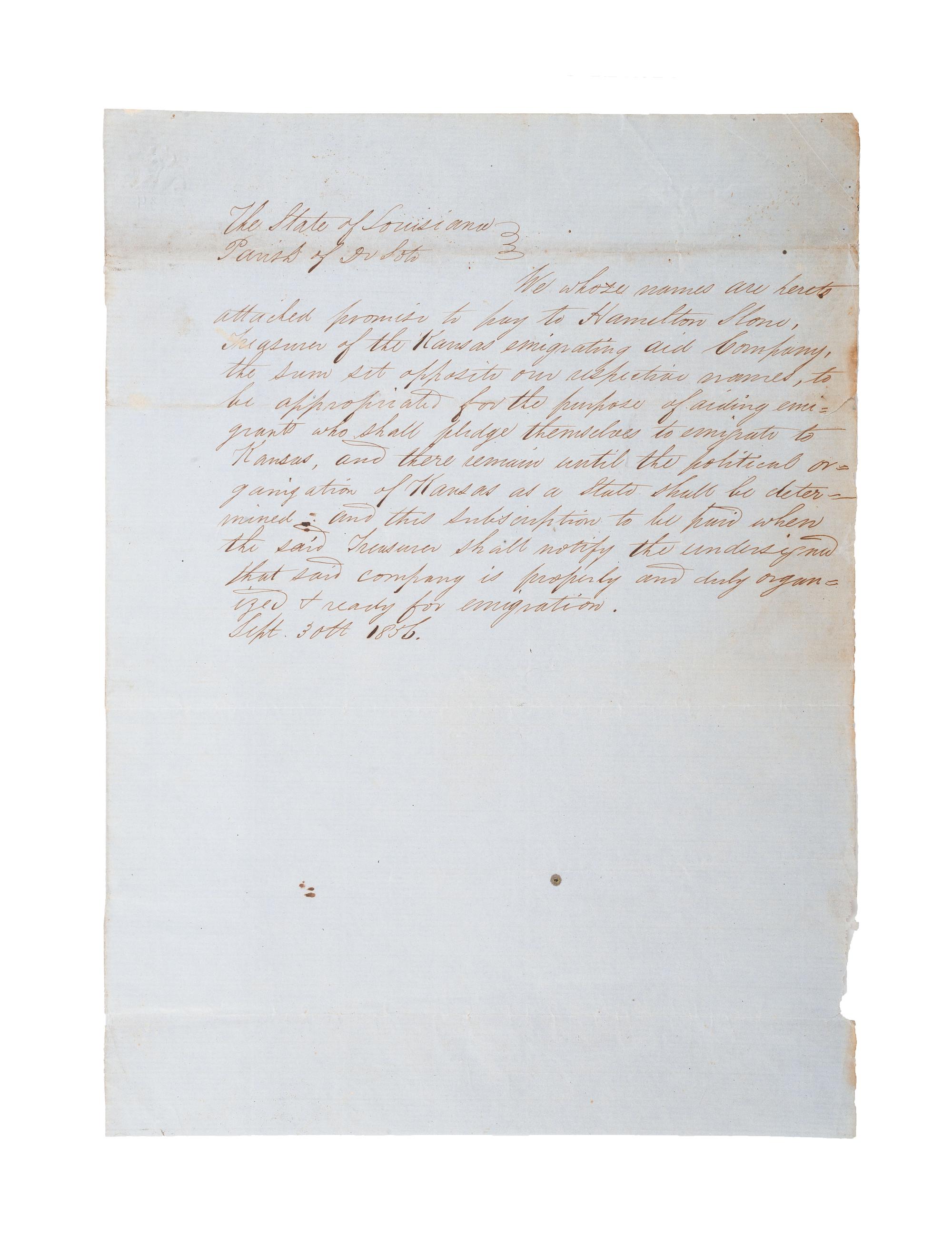 [SLAVERY & ABOLITION -- BLEEDING KANSAS]. Solicitation letter for Pro-Slavery Kansas Emigrating Aid Company. DeSoto Parish, Louisiana, 30 September 1856.