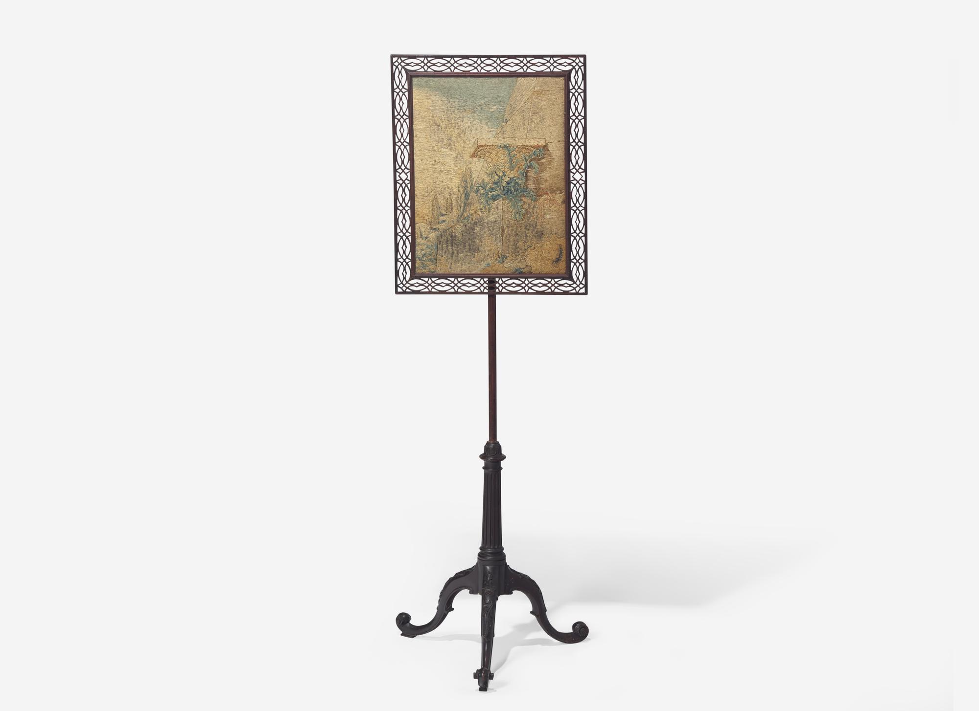 A George III Mahogany Fretwork and Petit-Point Needlework Firescreen