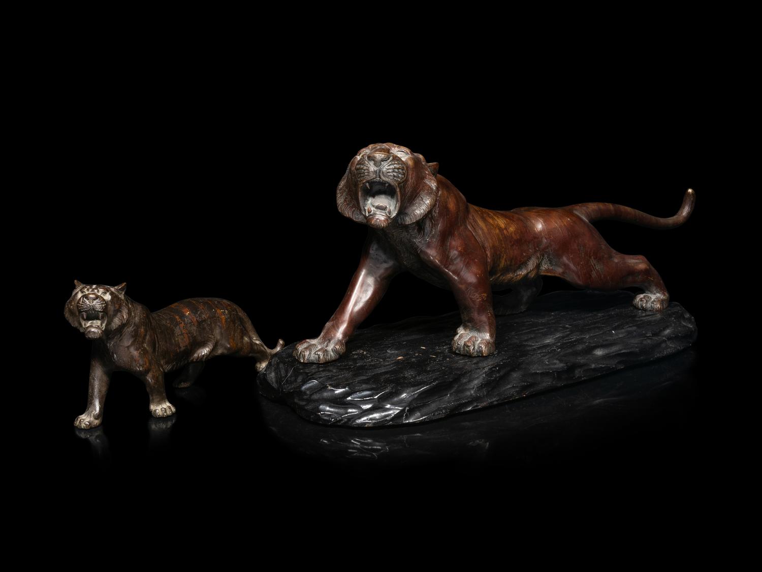 Two Japanese Bronze Okimono of Tigers