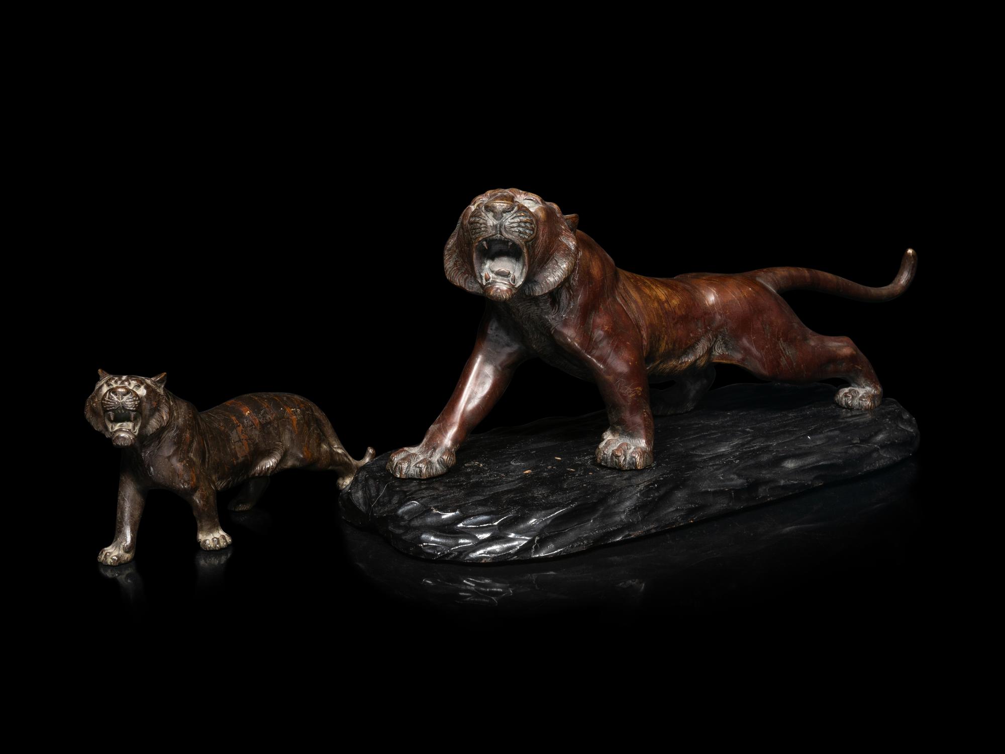 Two Japanese Bronze Okimono of Tigers