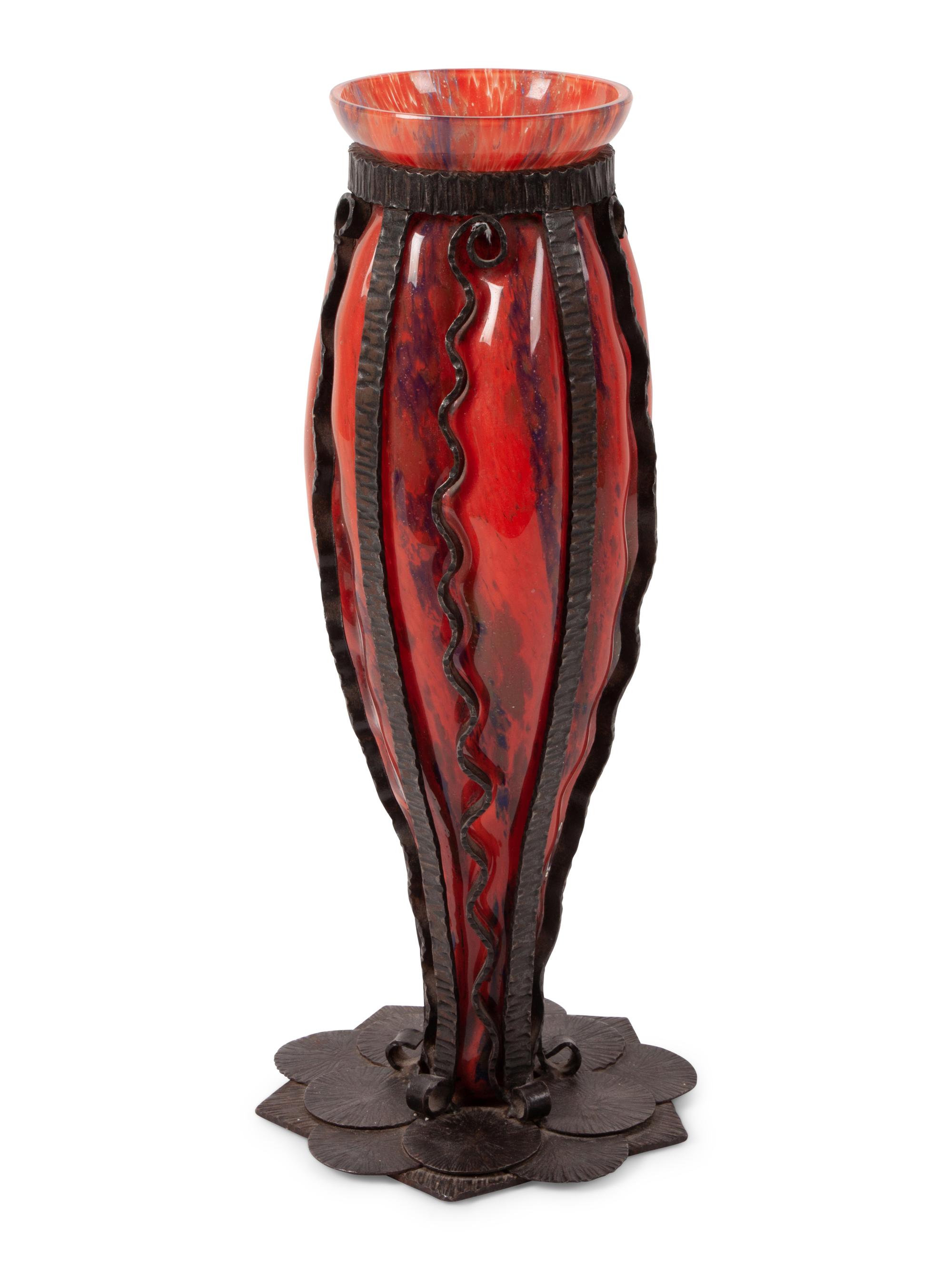 A Blown-Out Glass and Wrought Iron Vase, in the Manner of Charles Schneider