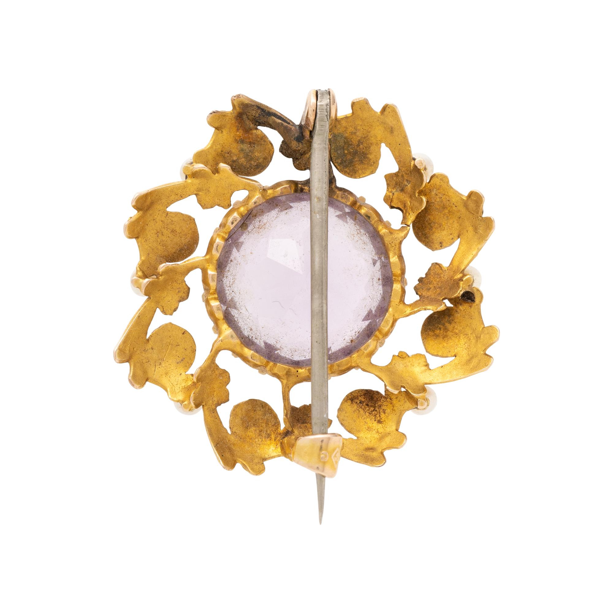 ANTIQUE, YELLOW GOLD, AMETHYST AND SEED PEARL BROOCH