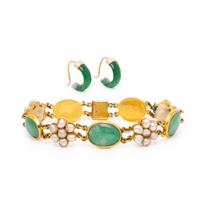 Jade, Seed Pearl, and Yellow Gold Bracelet and Earrings