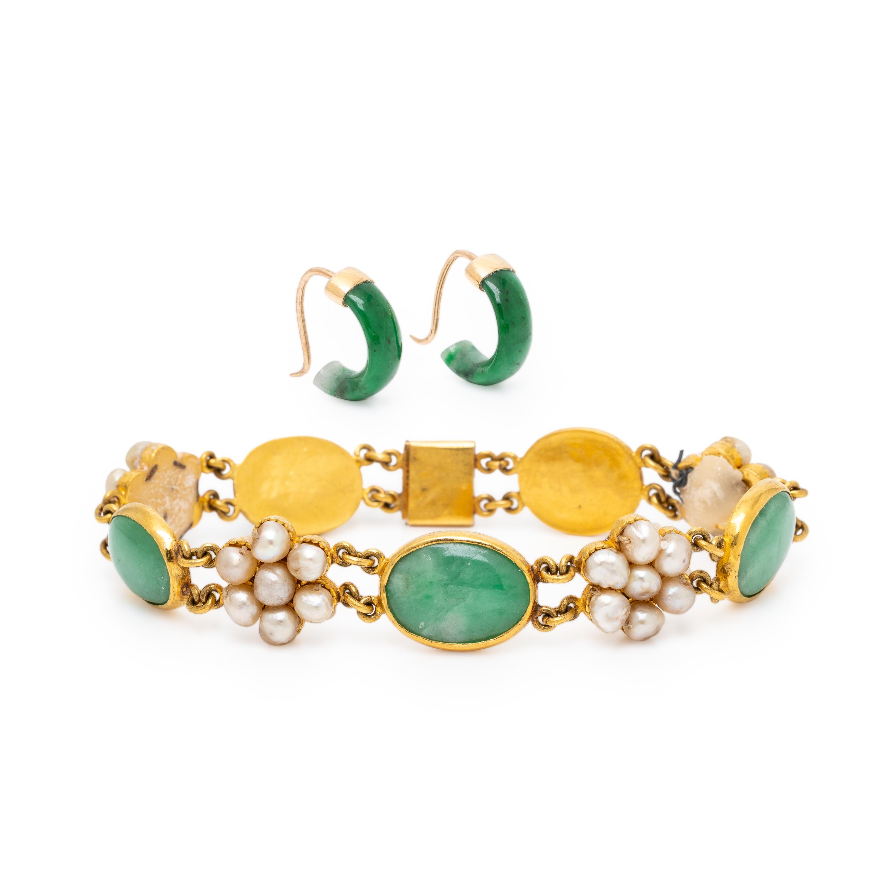 Jade, Seed Pearl, and Yellow Gold Bracelet and Earrings