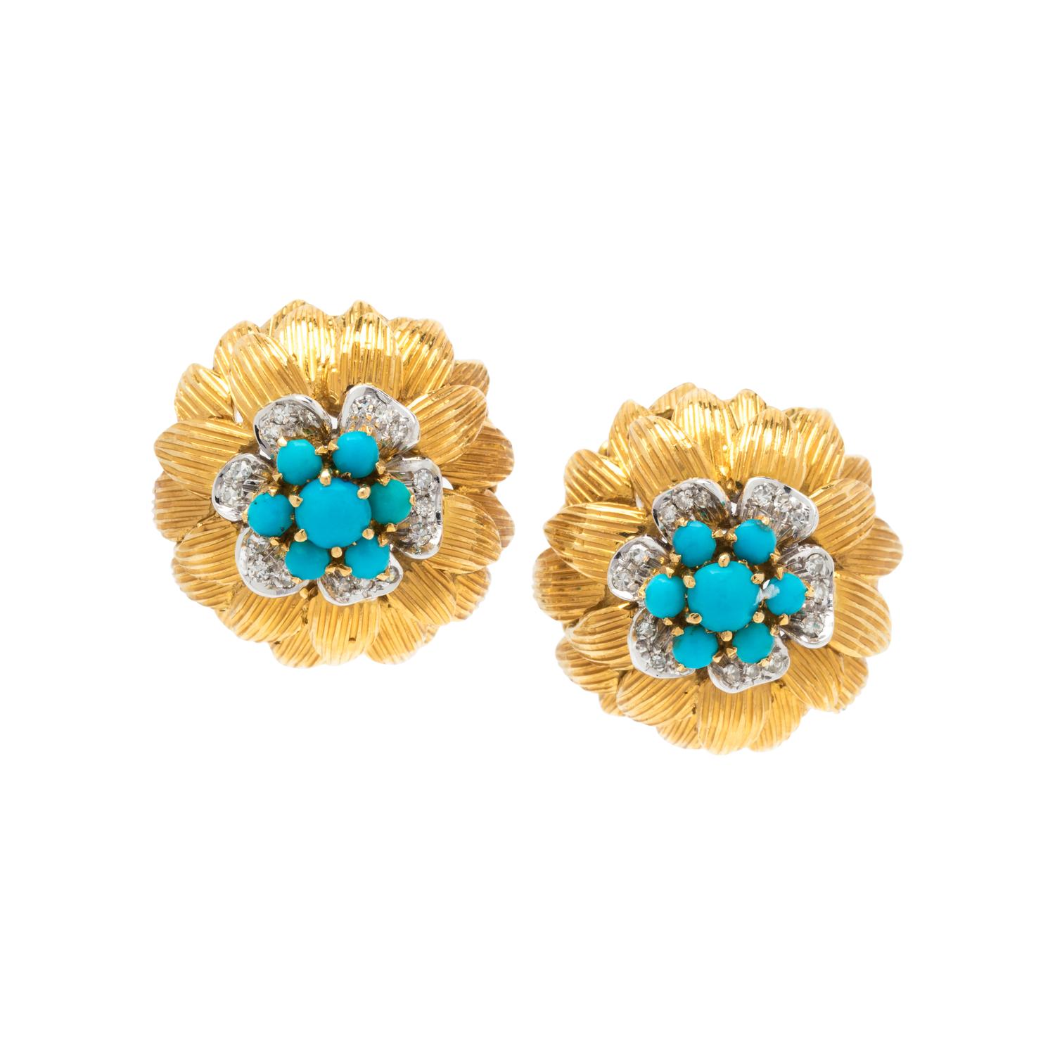 BICOLOR GOLD, TURQUOISE AND DIAMOND EARCLIPS