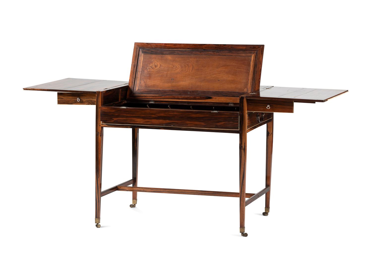 A Regency Ivory Inlaid and Silver Mounted Calamander Campaign Desk