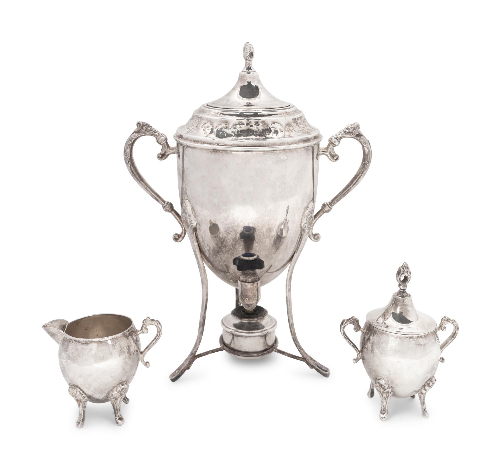 A Silverplate Tea Urn, and Two Pair of Covered Sugar and Creamers — EARLY 20TH CENTURY