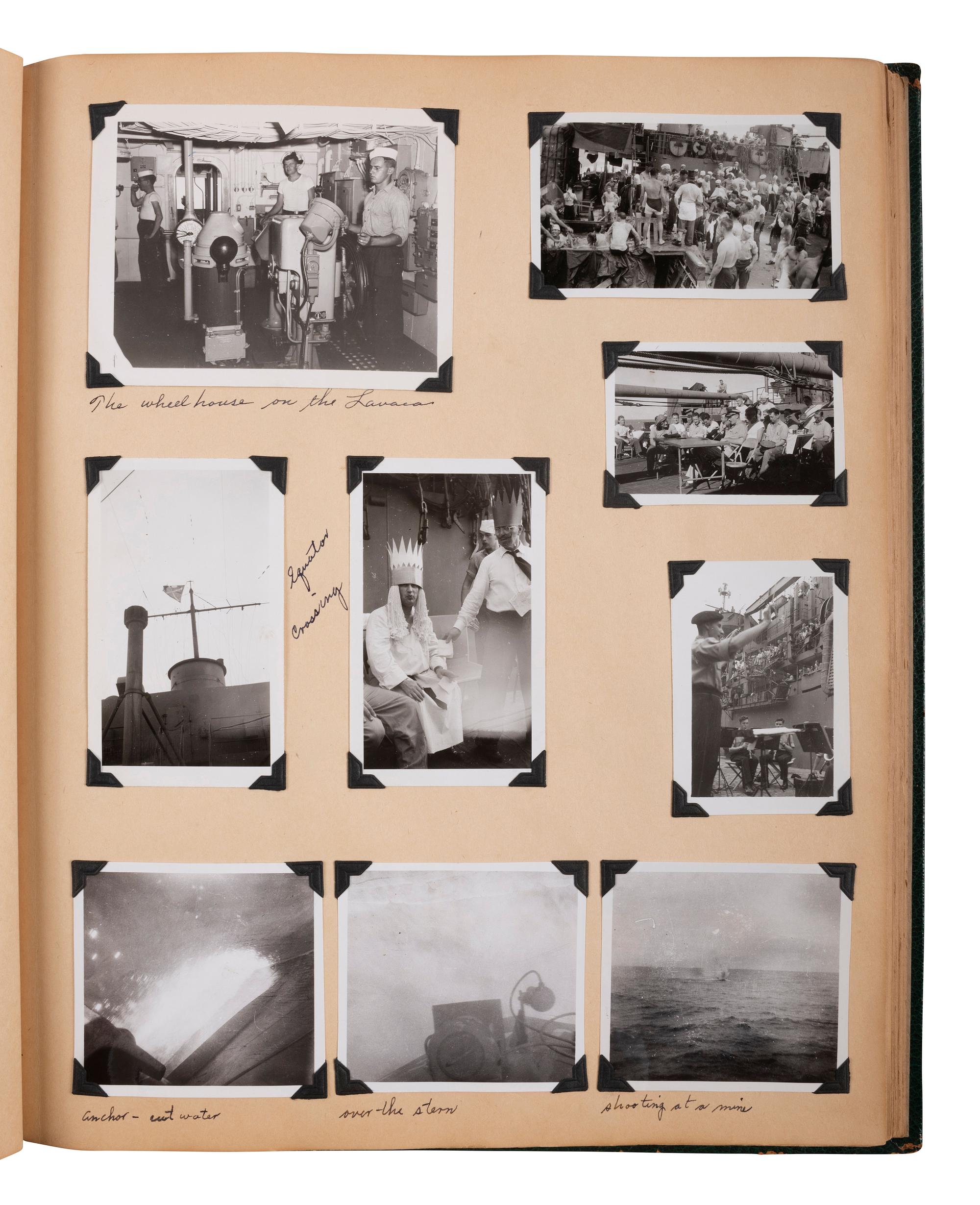 [WORLD WAR II]. Extensive US Navy album identified to James Sumner Douglass, Yeoman First Class, USS Lavaca, featuring pre-war and war-date photographs of Tinian Island, aerial reconnaissance, atomic bomb carriers, and more.