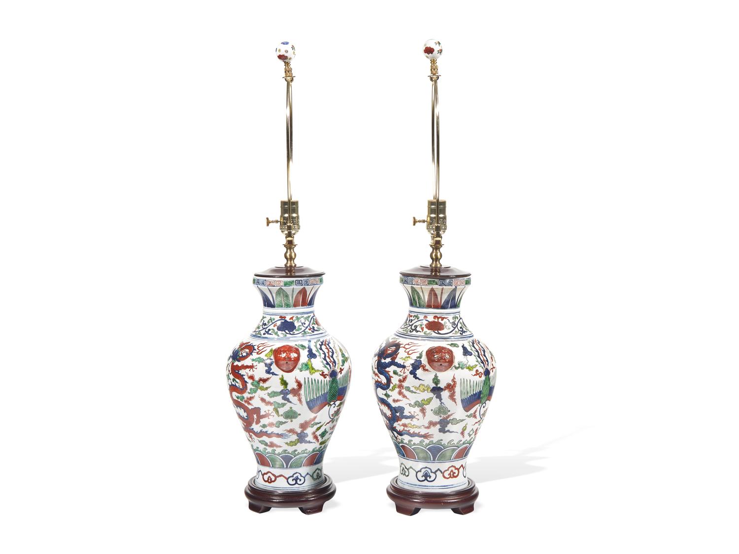 A Pair of Chinese Wucai Decorated Porcelain Vases