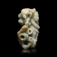 A Chinese Greyish Celadon Jade Group of a Boy and Birds, Qing Dynasty 清 青玉鏤雕童子持蓮