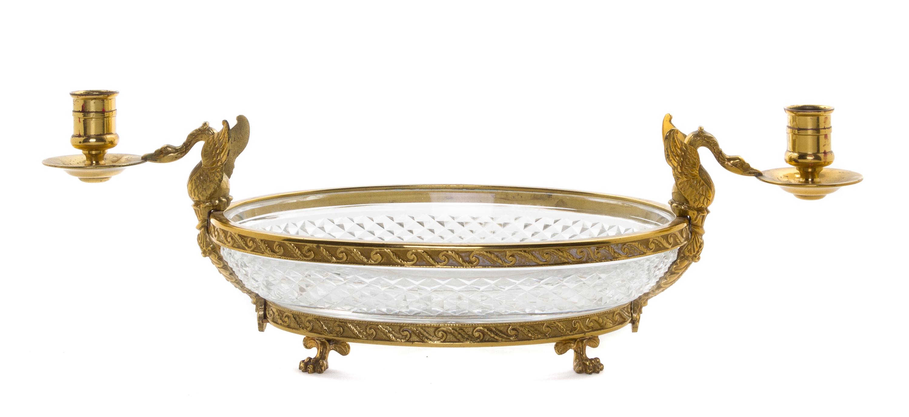 An Empire Style Gilt Bronze and Cut Glass Centerpiece, Width overall 17 1/2 inches.