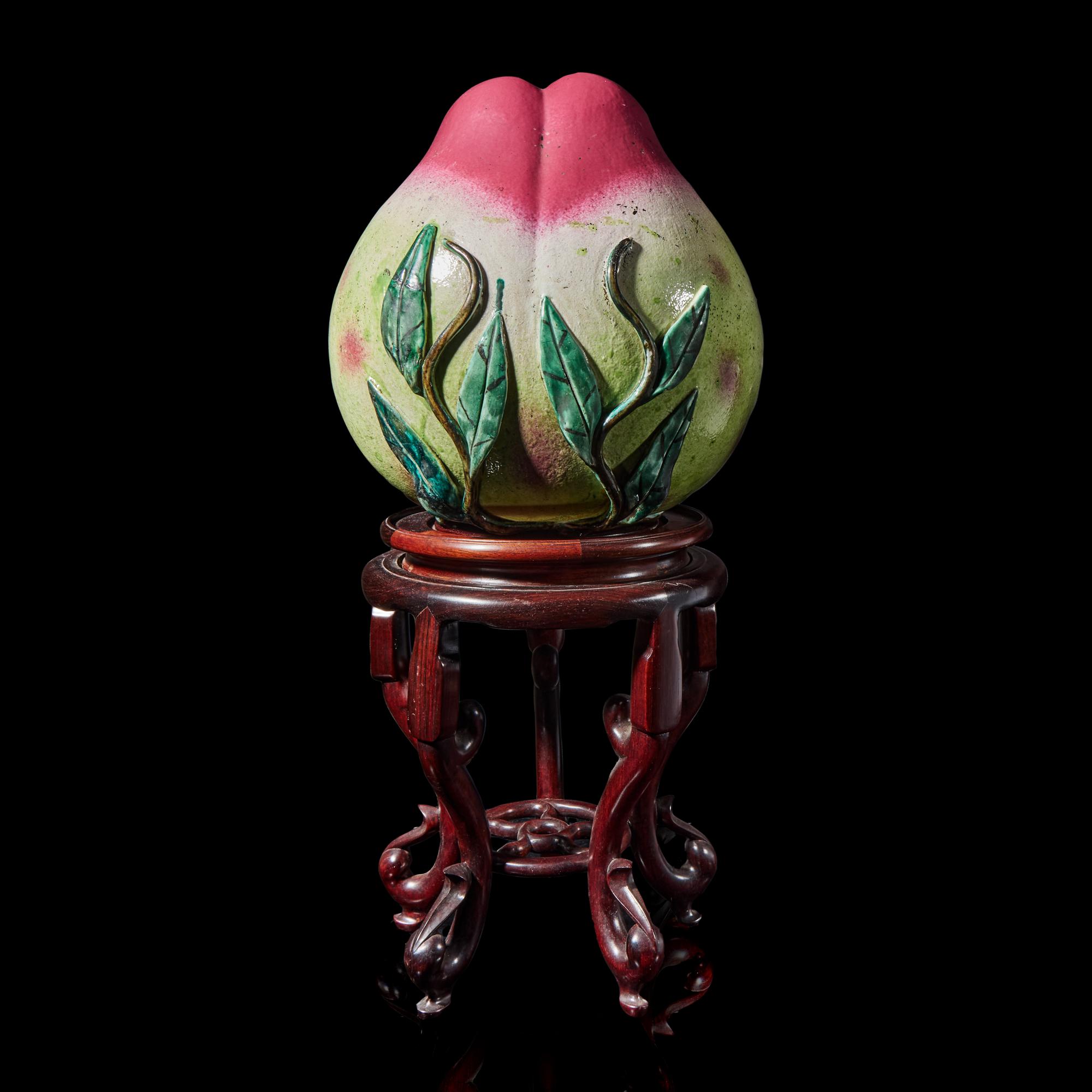 A Large Chinese Famille Rose Model of a Peach, 20th Century 近代 粉彩大壽桃擺件 帶木座